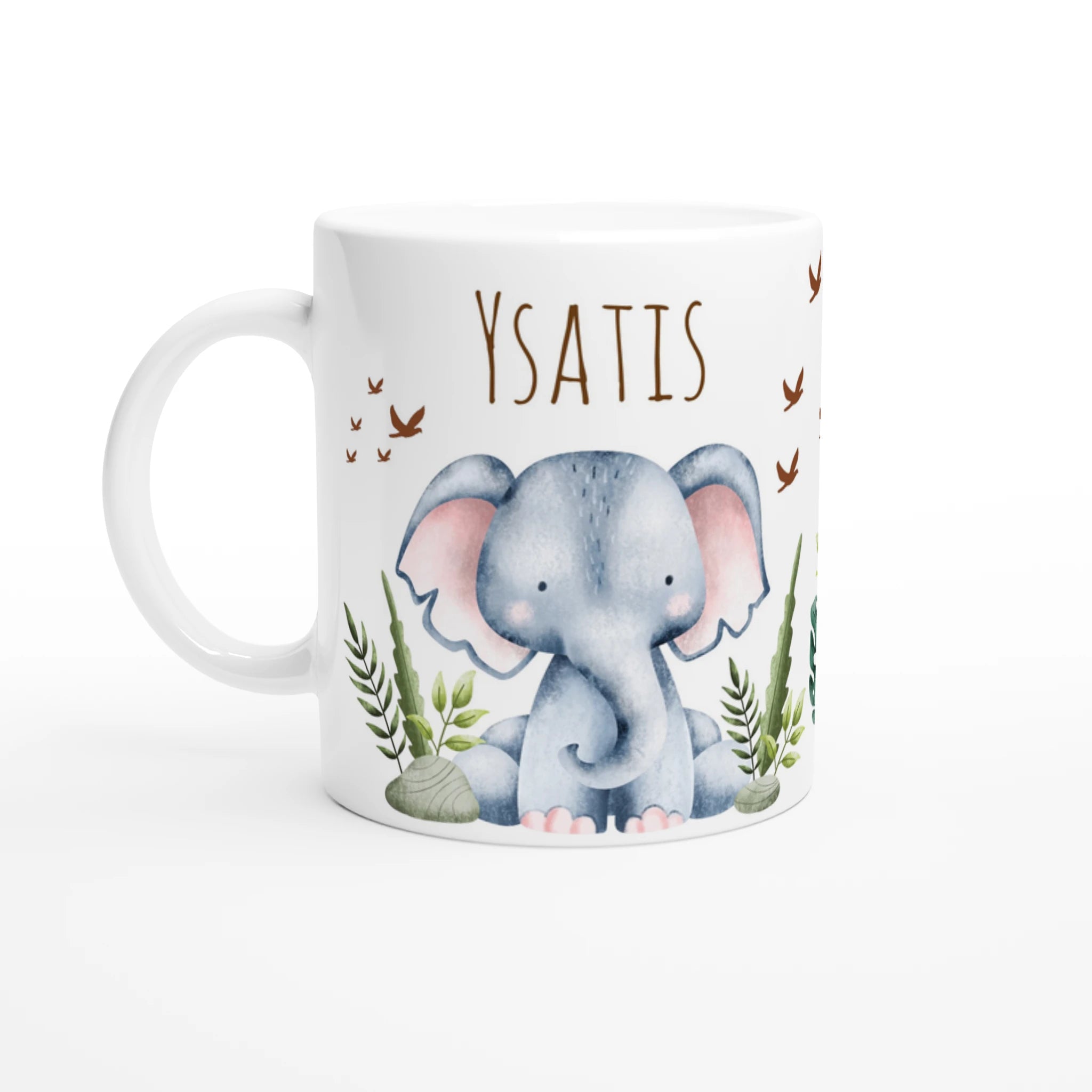 Mug personnalisé tout blanc avec illustration d’éléphant et animaux de la savane en aquarelle, un cadeau tendre et original.