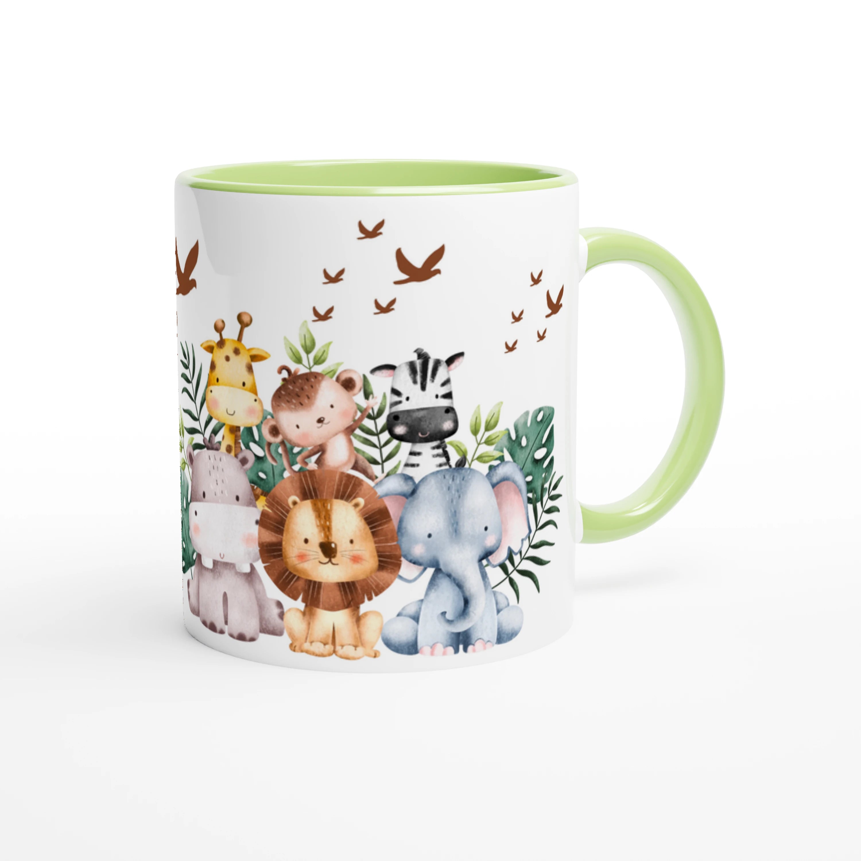 Mug personnalisé avec girafe et feuillage luxuriant, intérieur vert, un cadeau nature et original pour un enfant curieux.