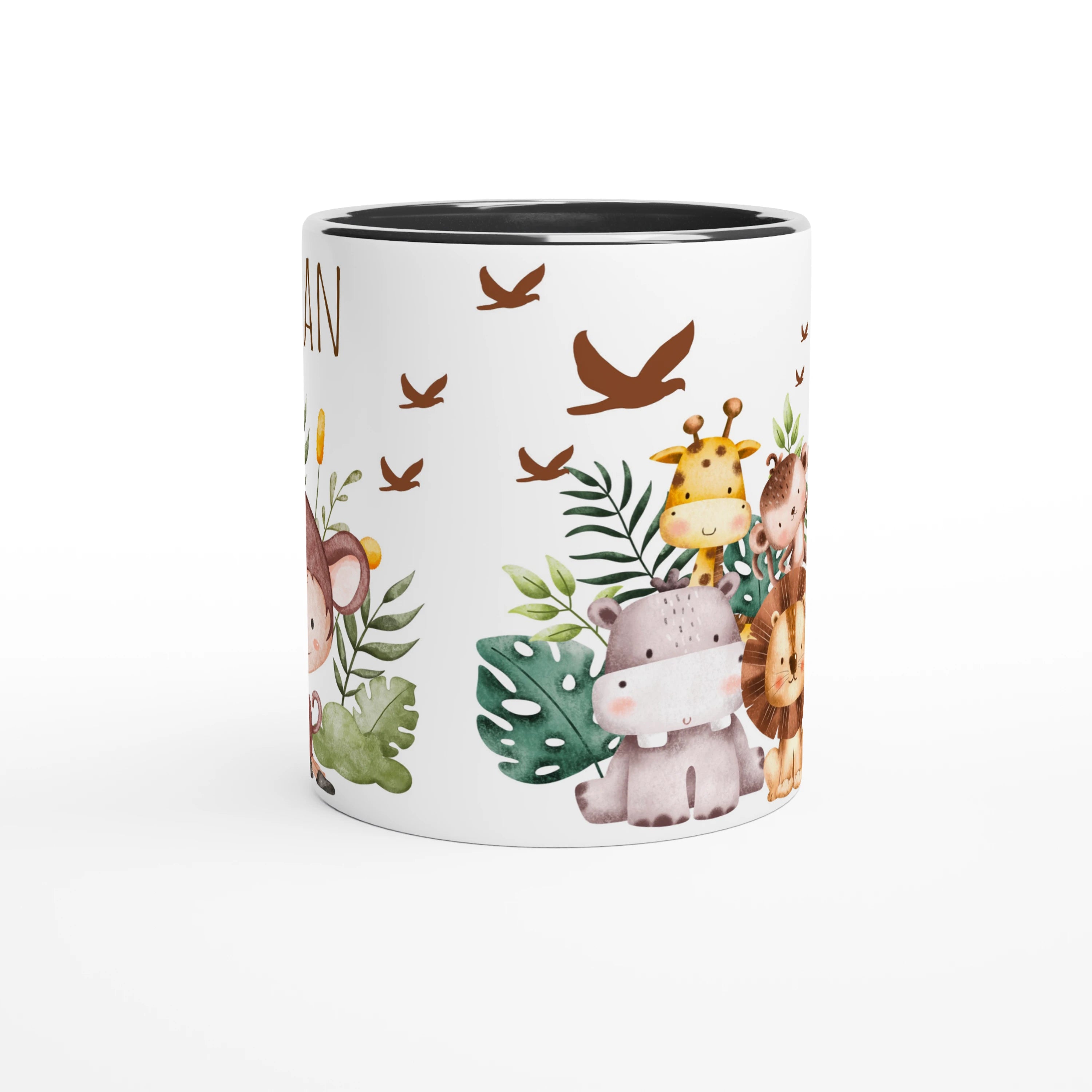 Mug personnalisé avec un singe et ambiance jungle, intérieur noir, idéal pour un design contrasté et moderne.