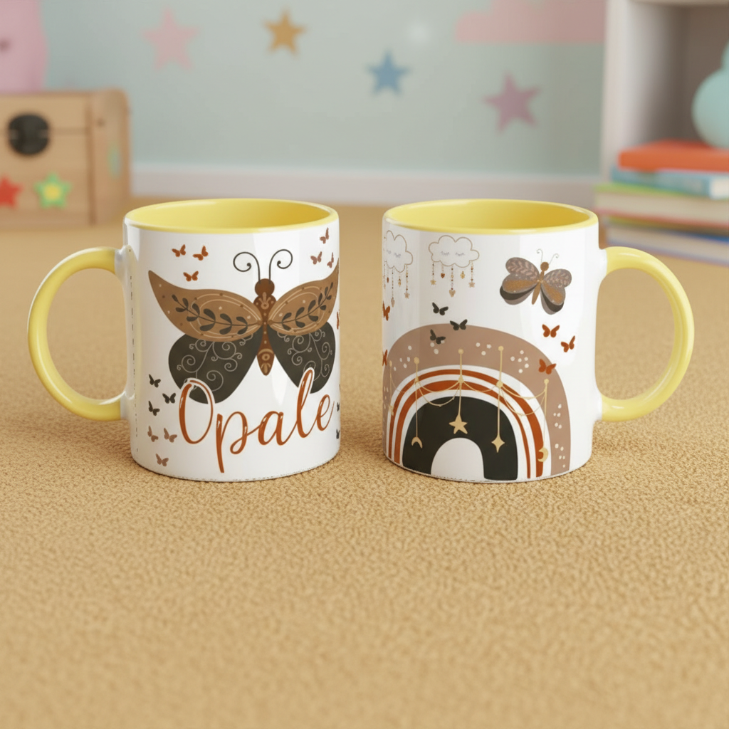 mug enfant personnalisé avec intérieur coloré posé sur tapis enfant