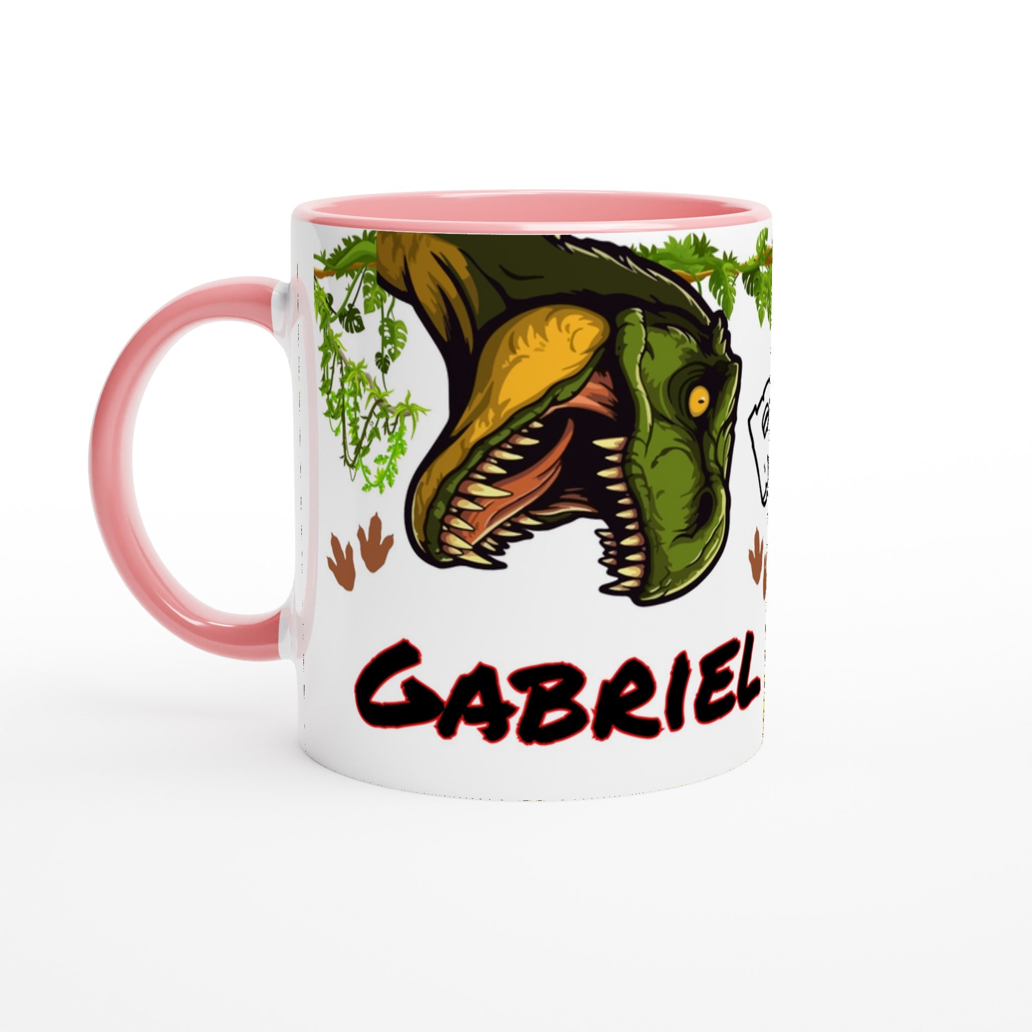 Mug dinosaure avec prénom personnalisé, intérieur rose, idéal pour les amateurs de dinosaures. Cadeau unique pour enfant ou fan de T-Rex