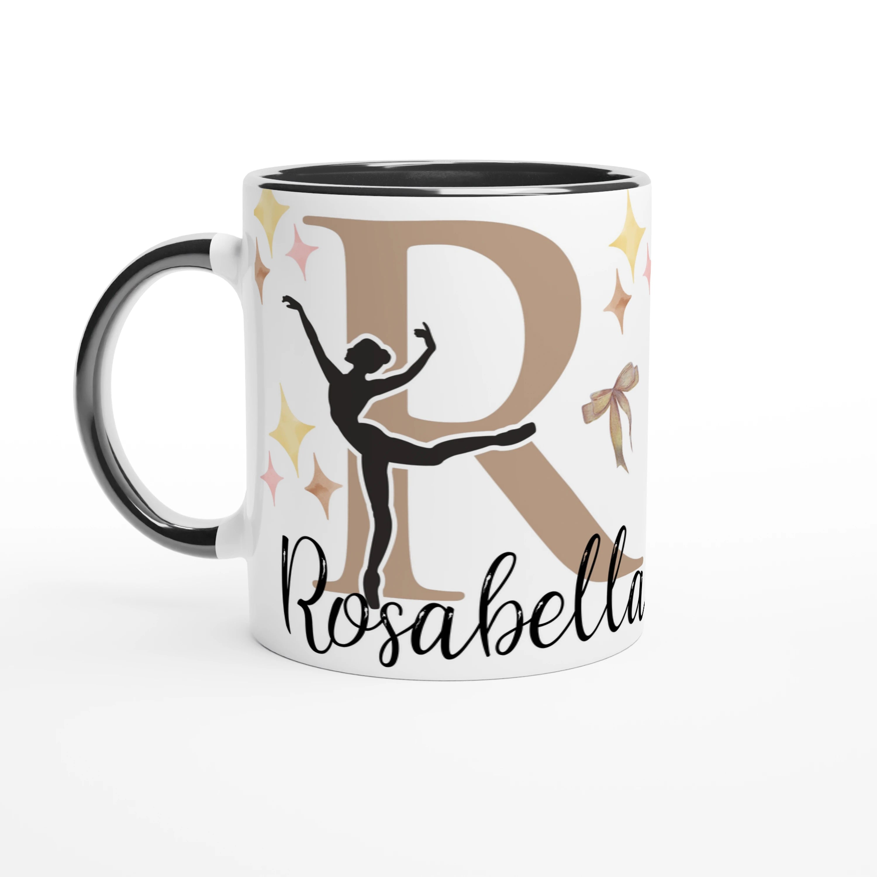 Mug personnalisable tout blanc avec prénom et design de ballerine et pointes, intérieur noir, cadeau élégant pour une passionnée de ballet.