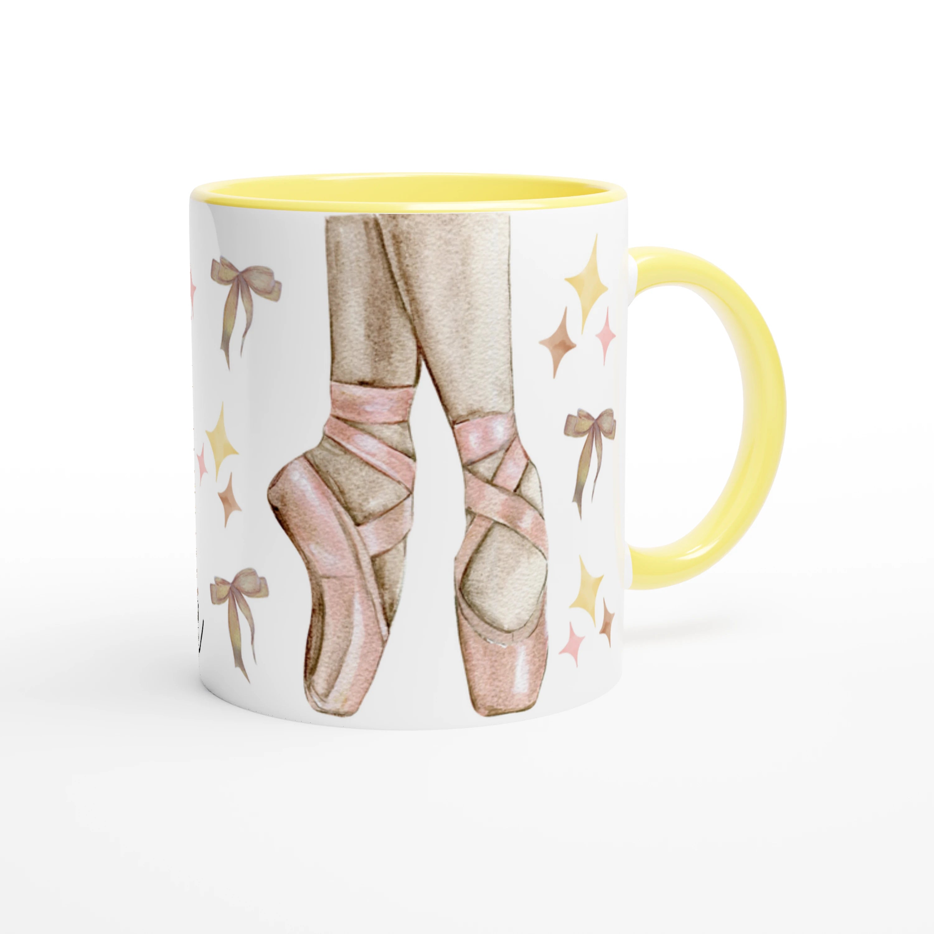 Tasse personnalisée avec prénom, ballerine et pointes de danse classique, intérieur jaune, parfaite pour un cadeau unique pour enfant.