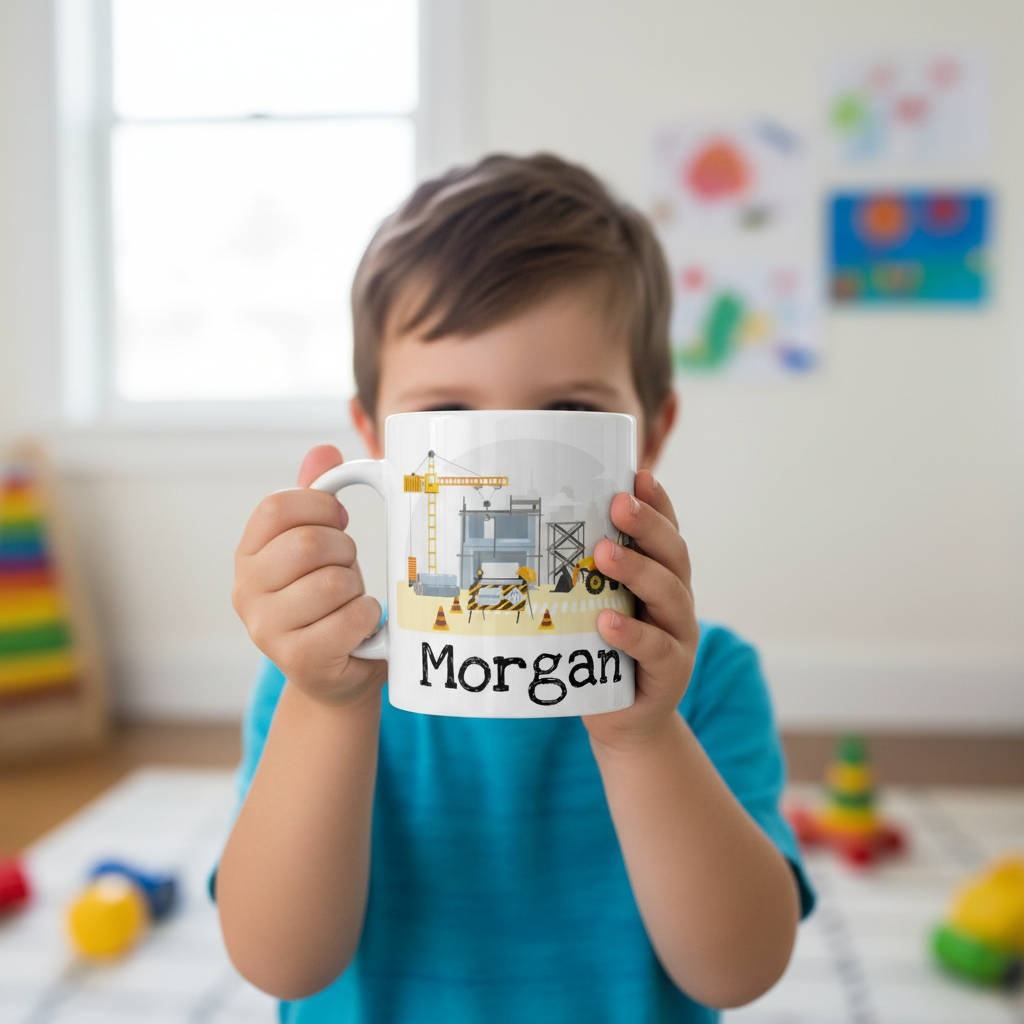 Enfant tenant un mug personnalisé thème chantier avec illustration de construction