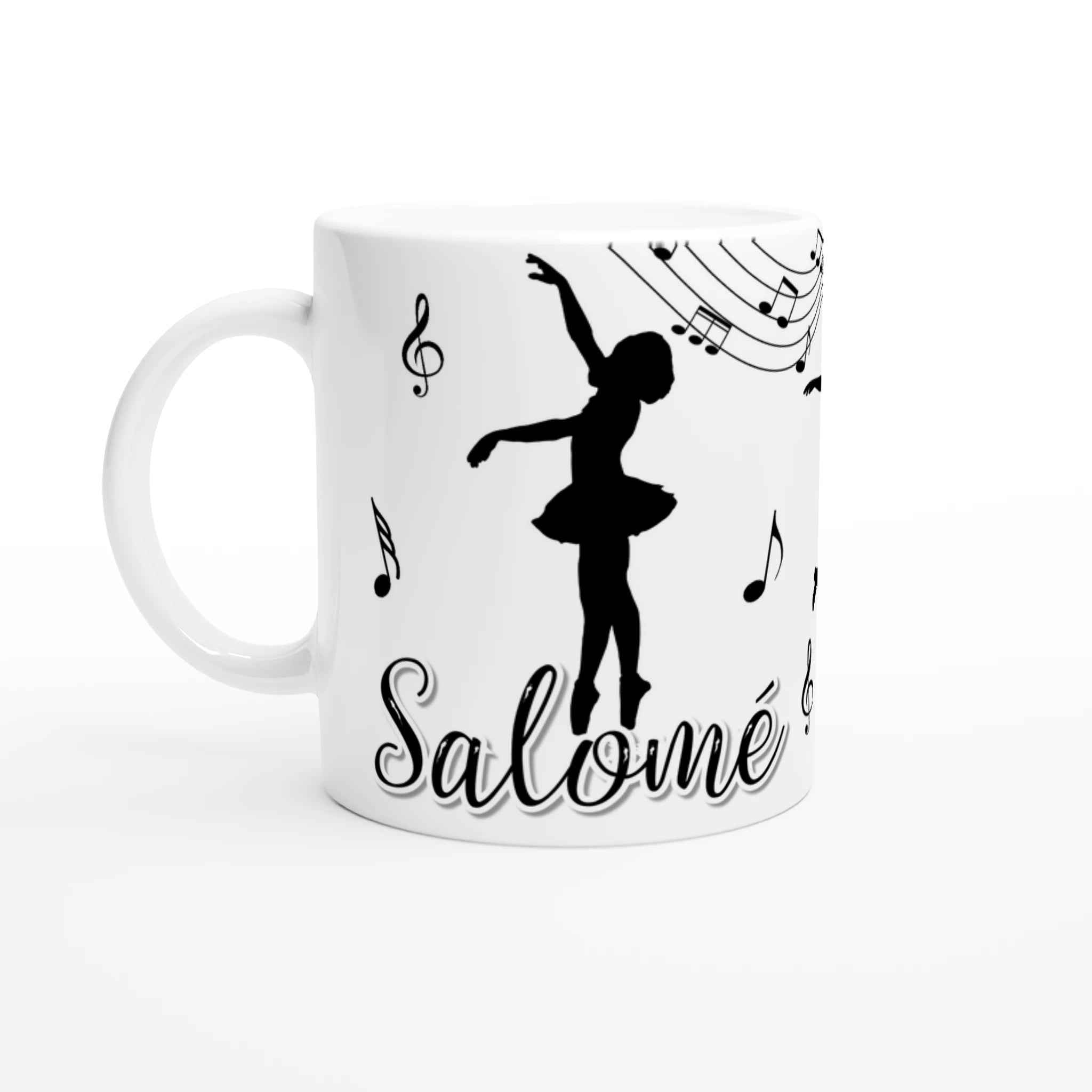 Mug prénom personnalisable avec silhouette de danseuse classique et notes de musique, intérieur rose, parfait pour les passionnées de ballet.