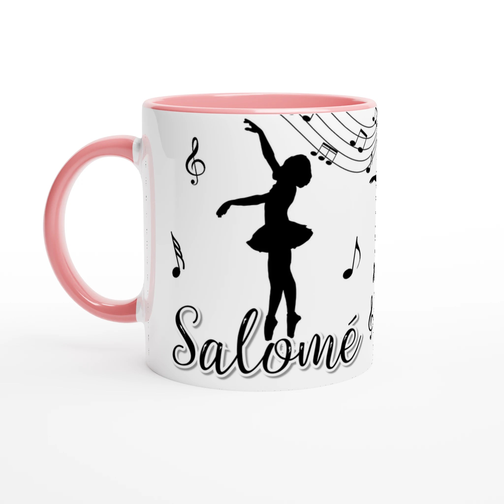 Mug prénom personnalisable avec silhouette de danseuse classique et notes de musique, intérieur rose, parfait pour les passionnées de ballet.