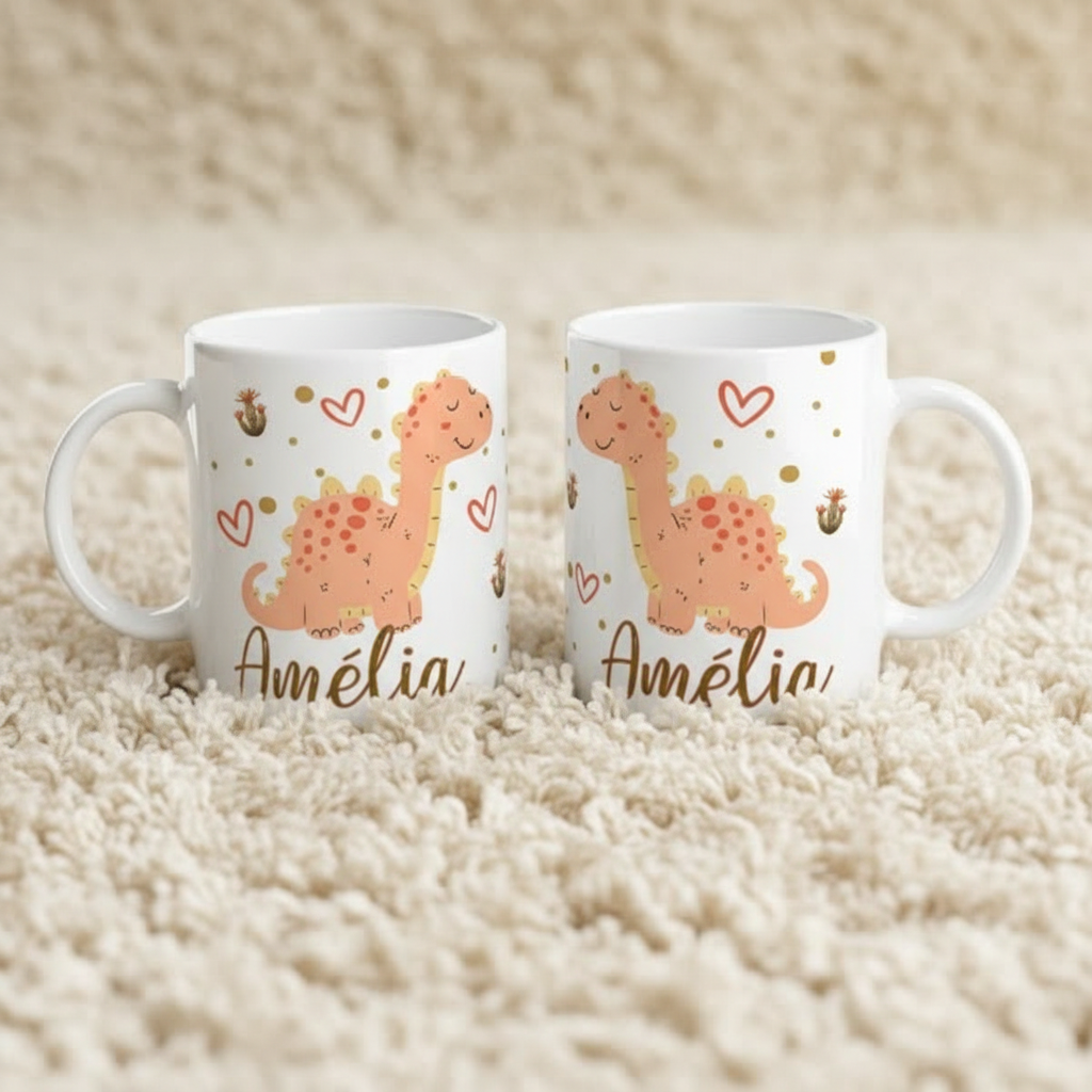 Tasse personnalisée enfant dinosaure en céramique, vue arrière du même mug personnalisé