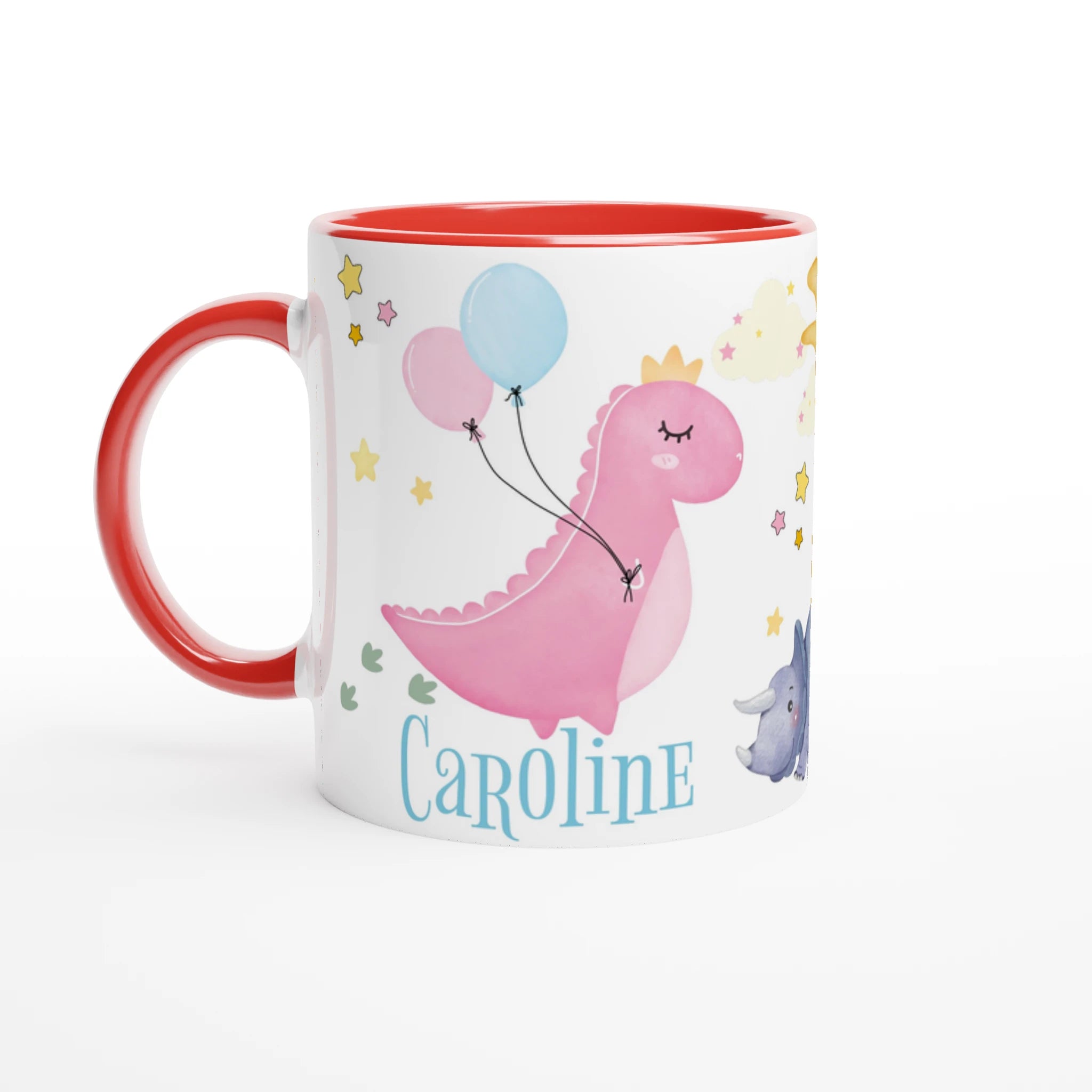 Mug dinosaure avec ballons et prénom personnalisé, intérieur rouge, parfait comme cadeau mignon pour enfant.