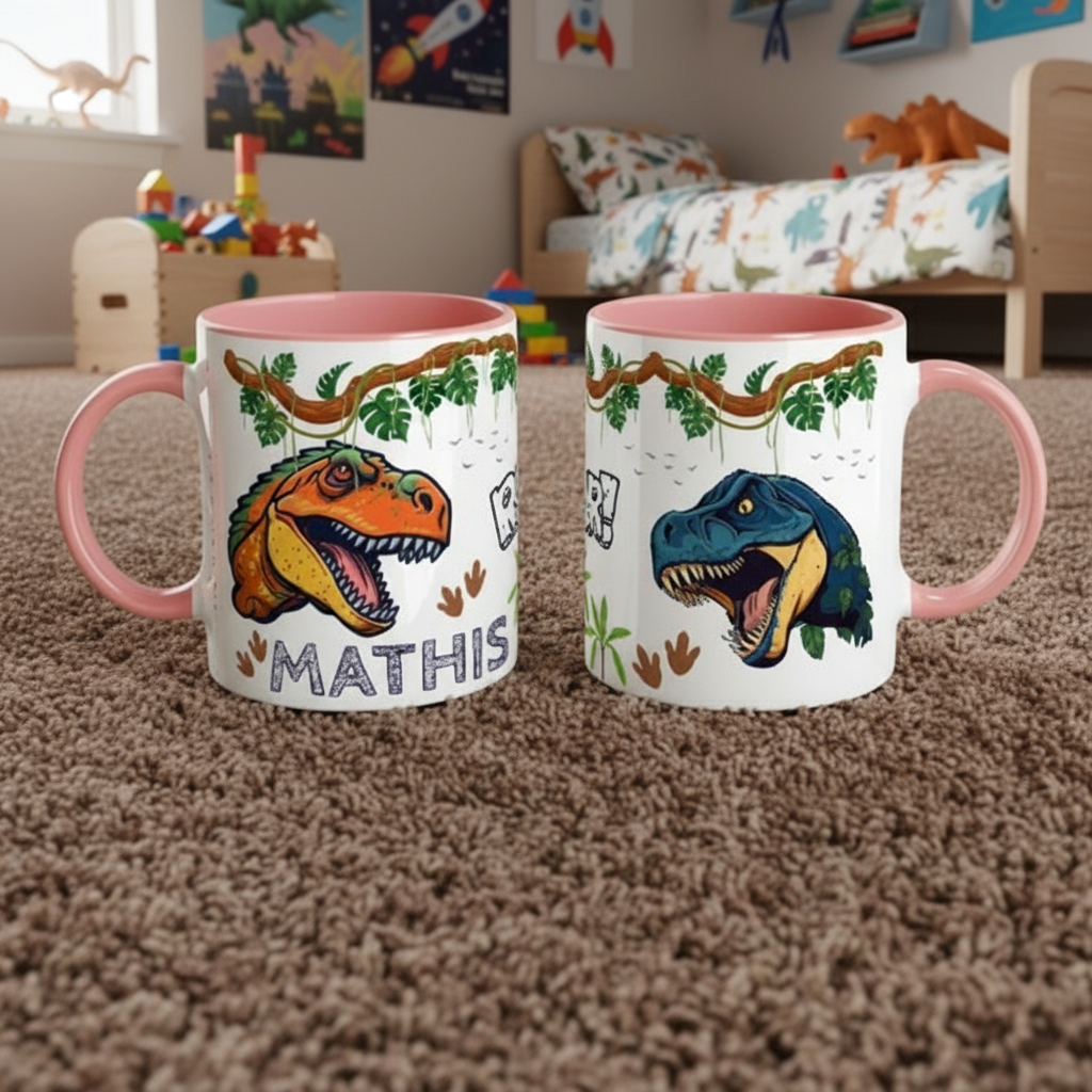 Mug enfant dinosaure illustré en céramique, tasse personnalisée idéale pour anniversaire ou fête enfant