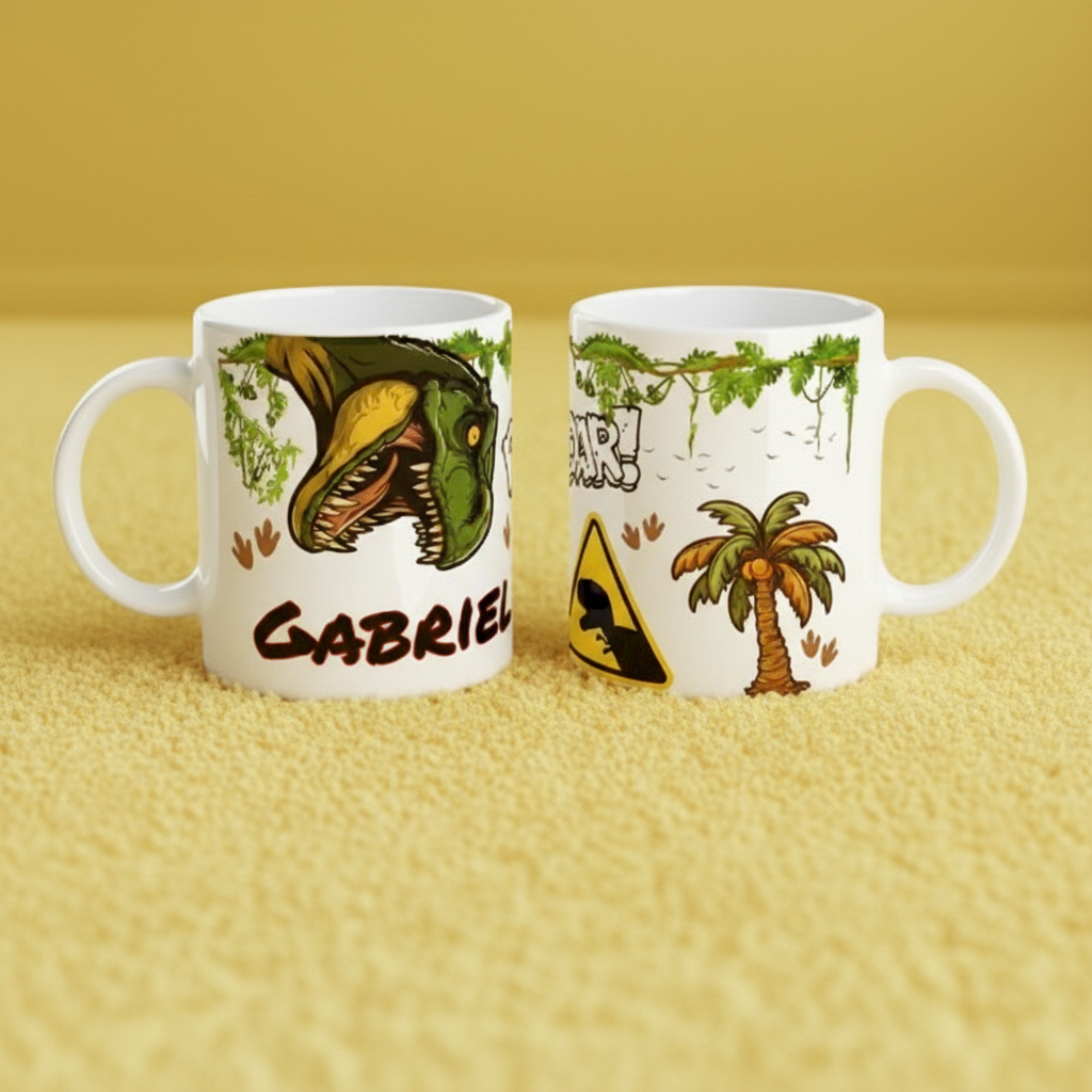 Mug personnalisé enfant avec illustration dinosaure, cadeau garçon dinosaure en céramique