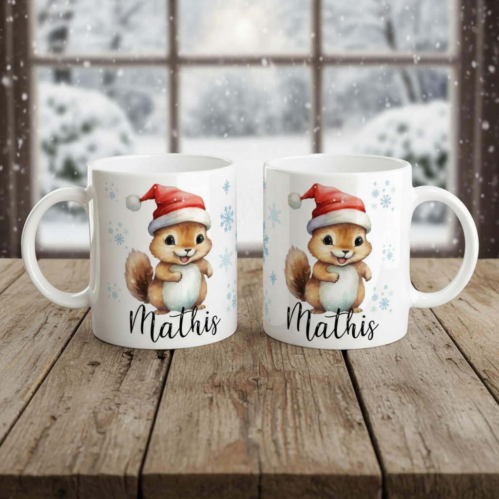 Mug personnalisé pour enfant avec illustration d’écureuil portant un bonnet de Noël, posé sur une table en bois avec décor hivernal en arrière-plan