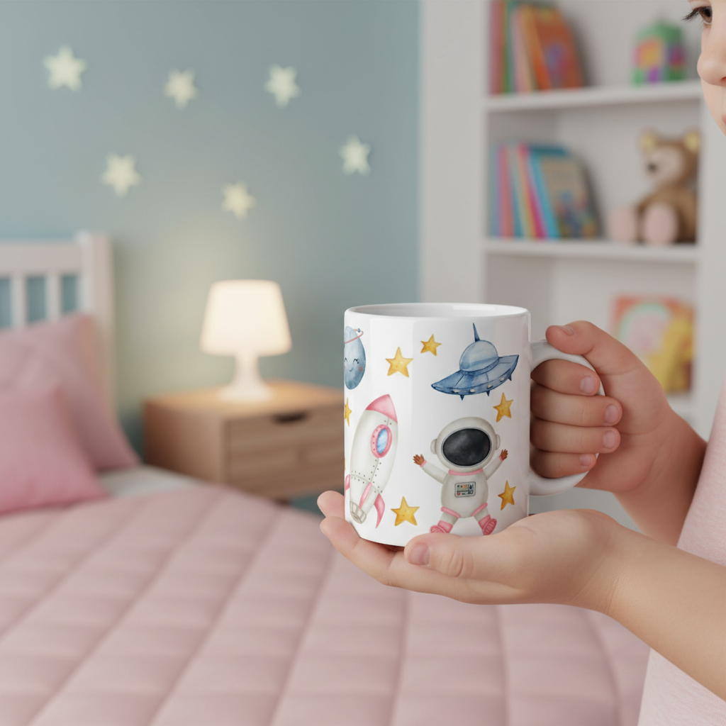 Mug personnalisé enfant avec illustrations astronaute et espace tenu par un enfant dans une chambre