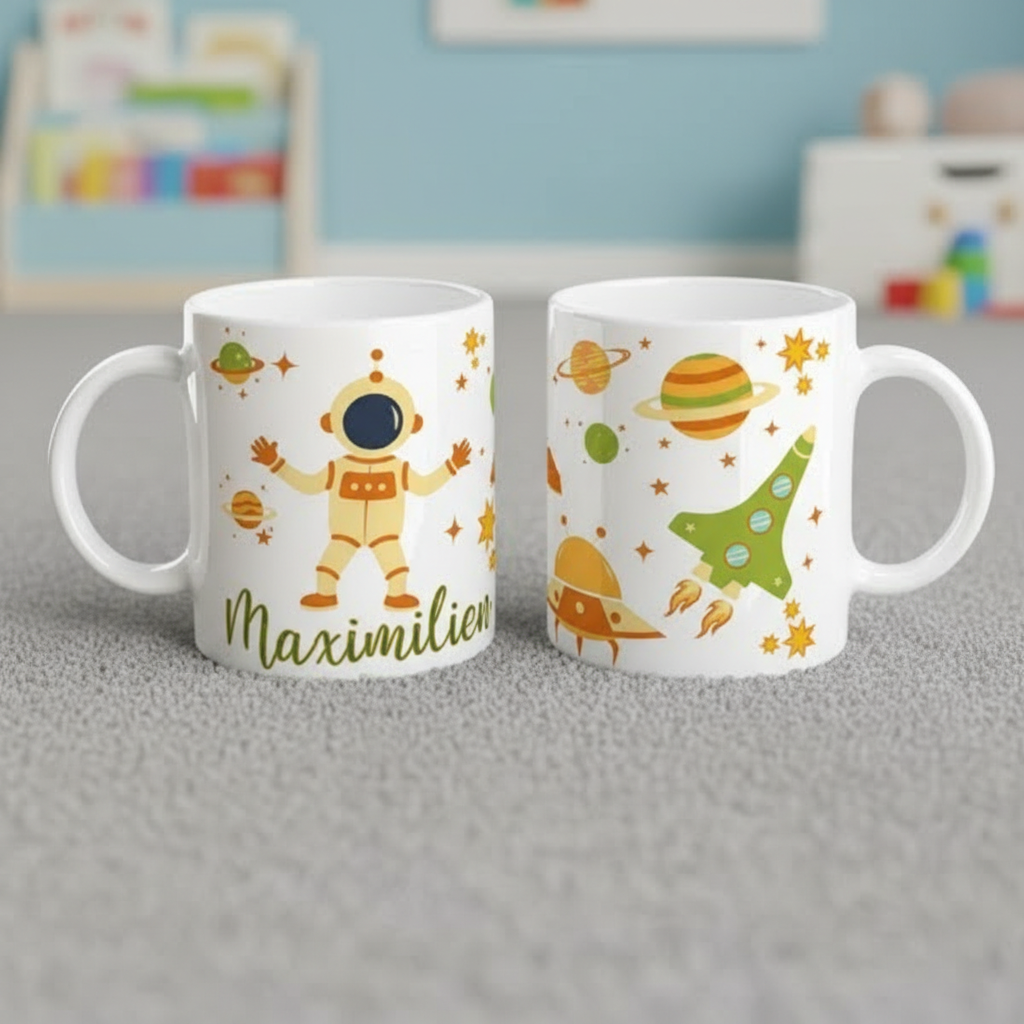 Mug enfant personnalisé espace avec astronautes, planètes et étoiles présenté recto verso