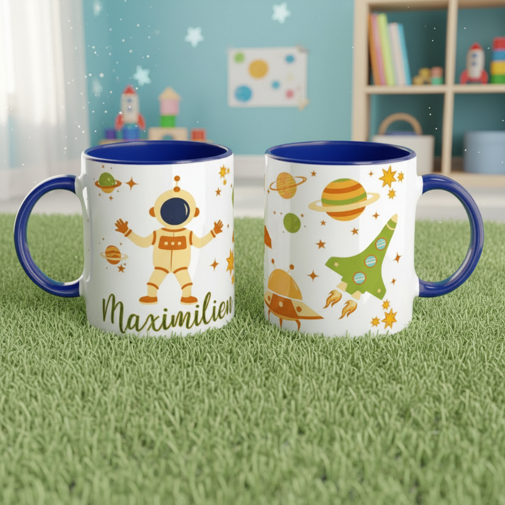 tasse enfant thème espace avec astronaute et fusée décorative