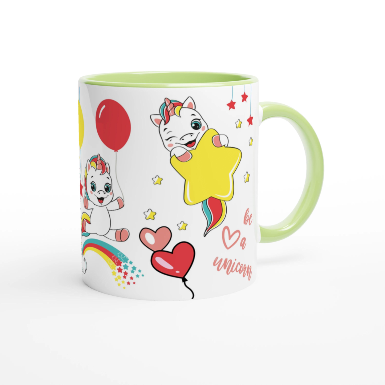 Tasse personnalisée avec licorne et pluie de paillettes féeriques, intérieur vert, un cadeau enchanteur et unique.