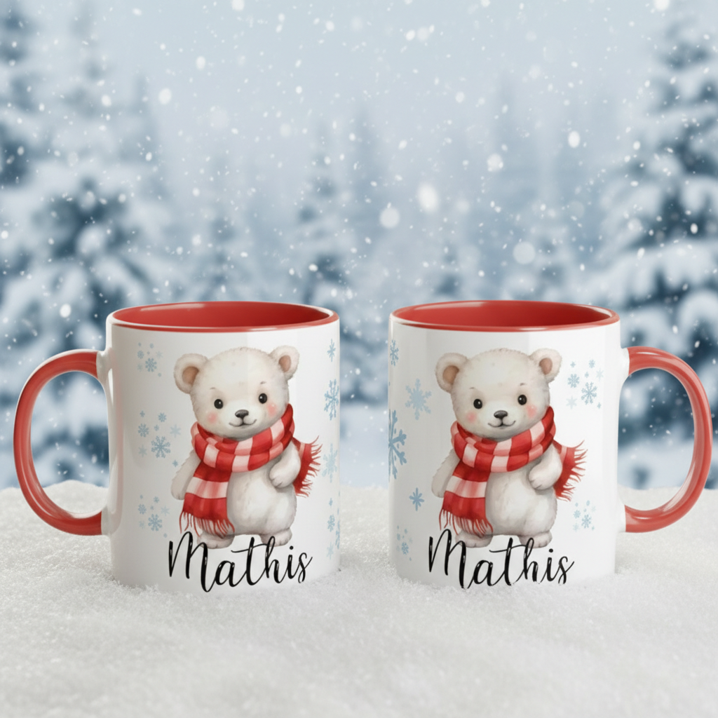 mug personnalisé enfant thème hiver avec ours polaire dans la neige