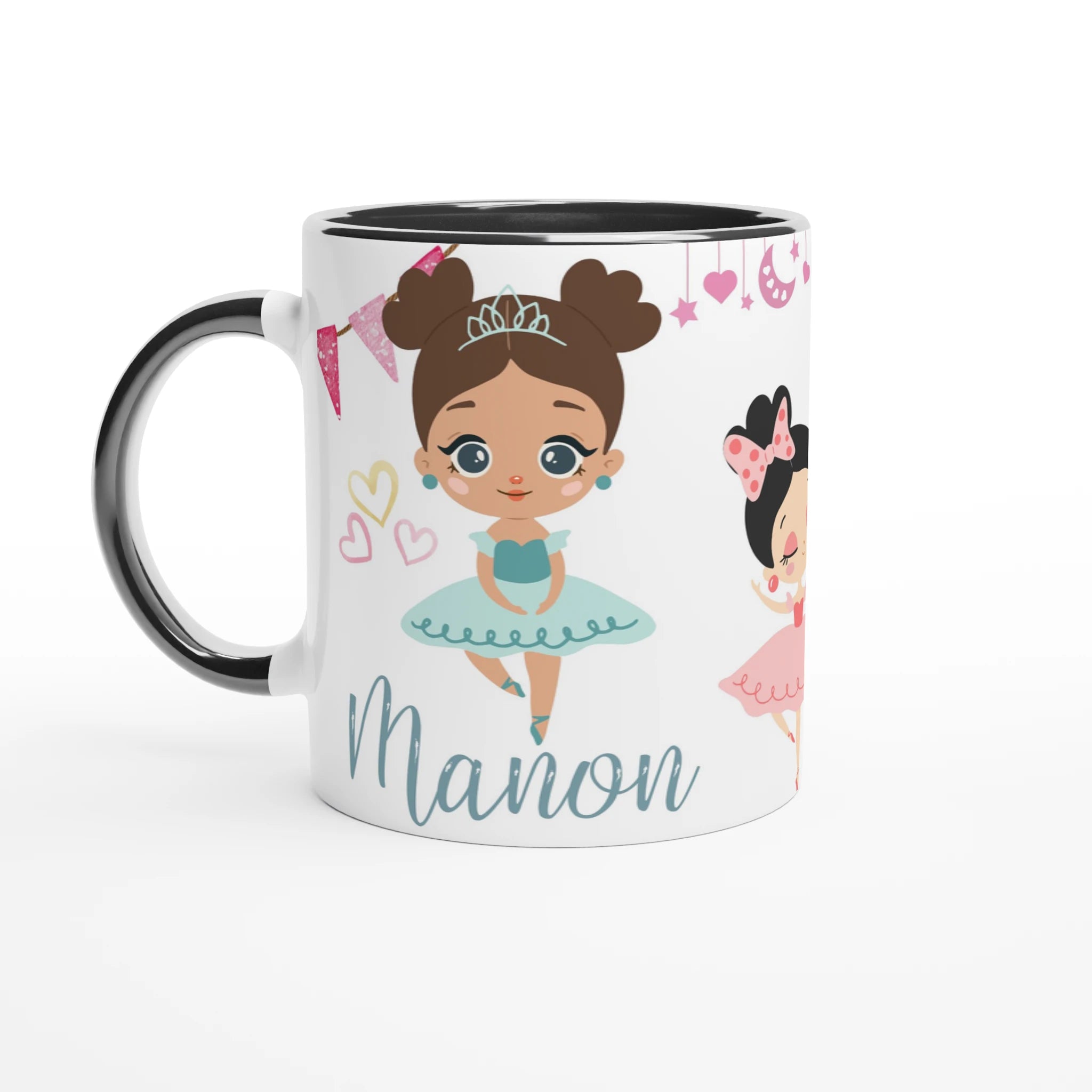 Mug prénom personnalisable avec danseuse en robe bleue, intérieur noir, parfait comme cadeau élégant pour une enfant passionnée de danse.