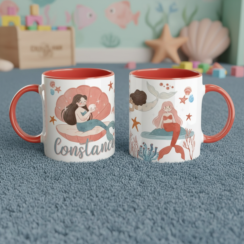 Mug personnalisé enfant illustré thème sirène posé dans une chambre