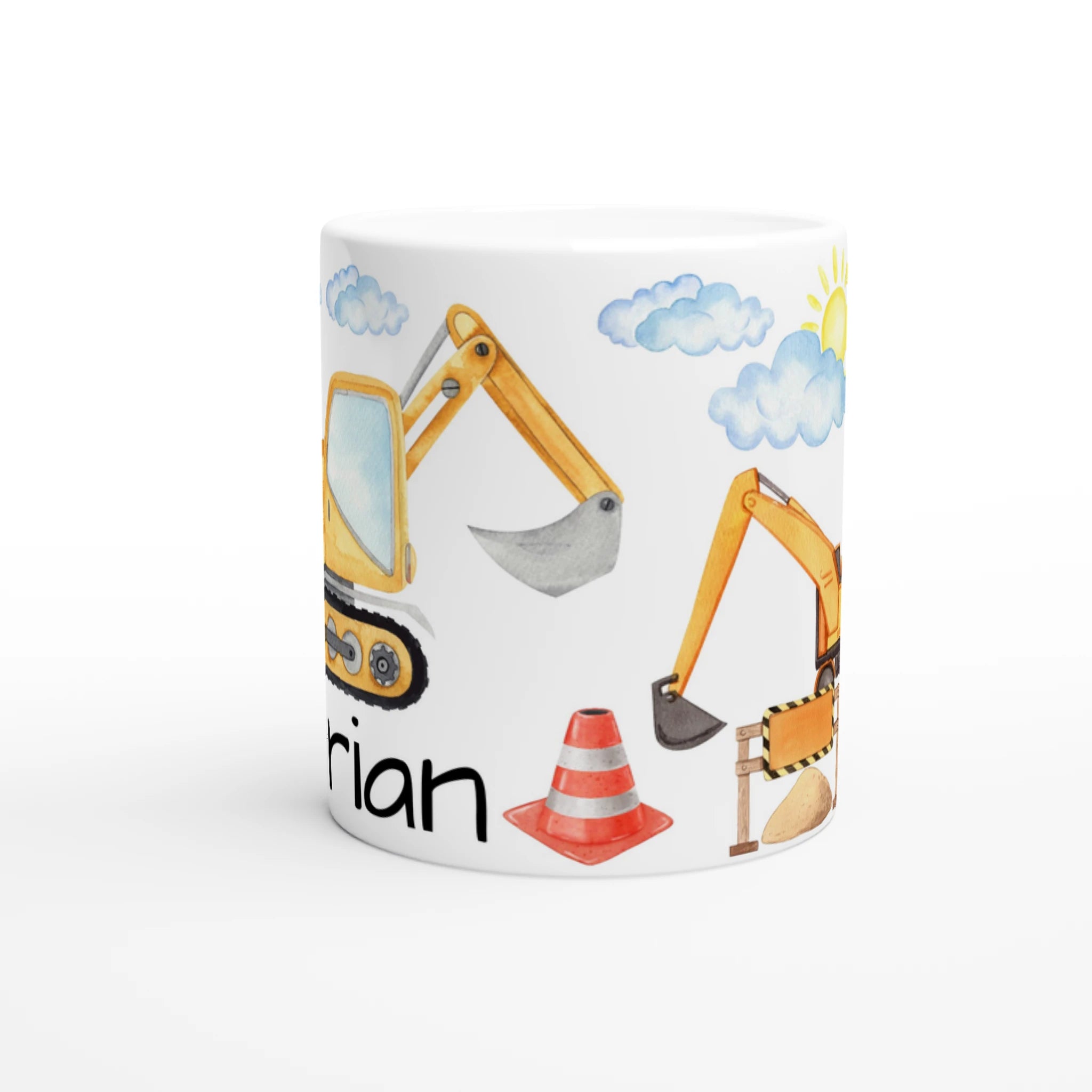Mug personnalisé tout blanc avec illustration d’engins de chantier et panneaux de signalisation, parfait pour un cadeau ludique et original.
