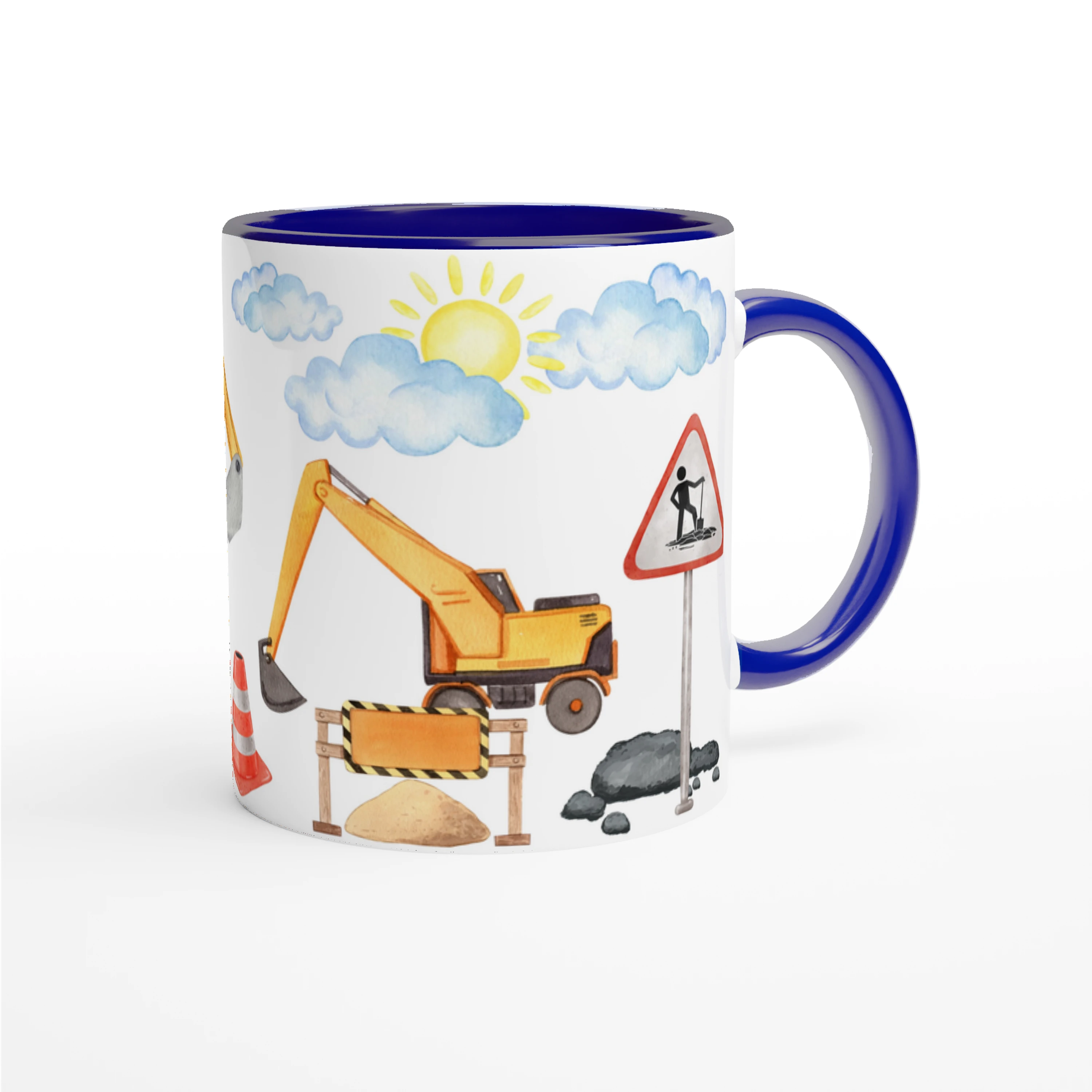 Mug personnalisé avec grues et pelleteuses en dessin aquarelle, intérieur bleu, parfait pour un petit passionné de véhicules de chantier.