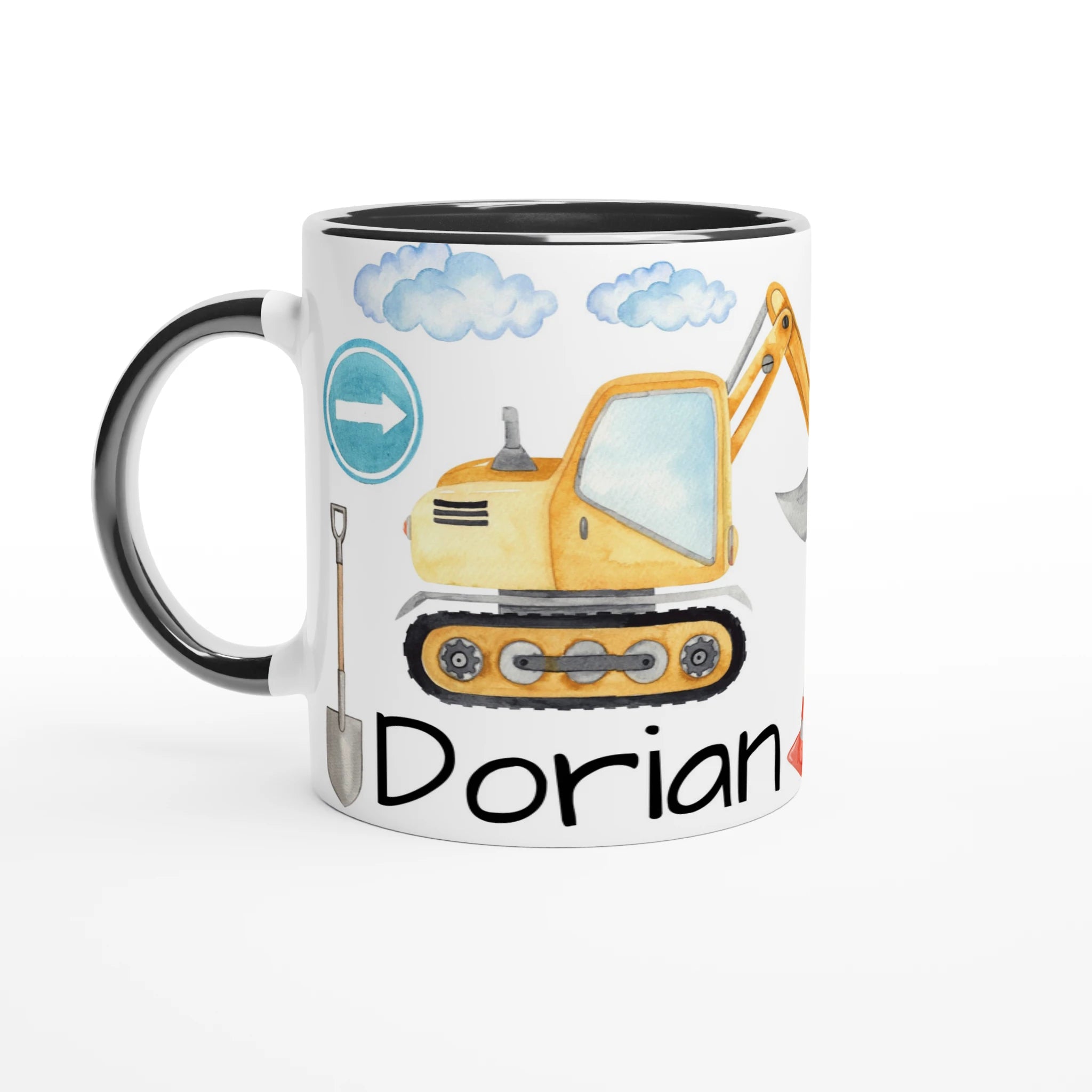 Mug personnalisé avec pelle mécanique et signalisations de chantier, intérieur noir, pour une touche contrastée et moderne.