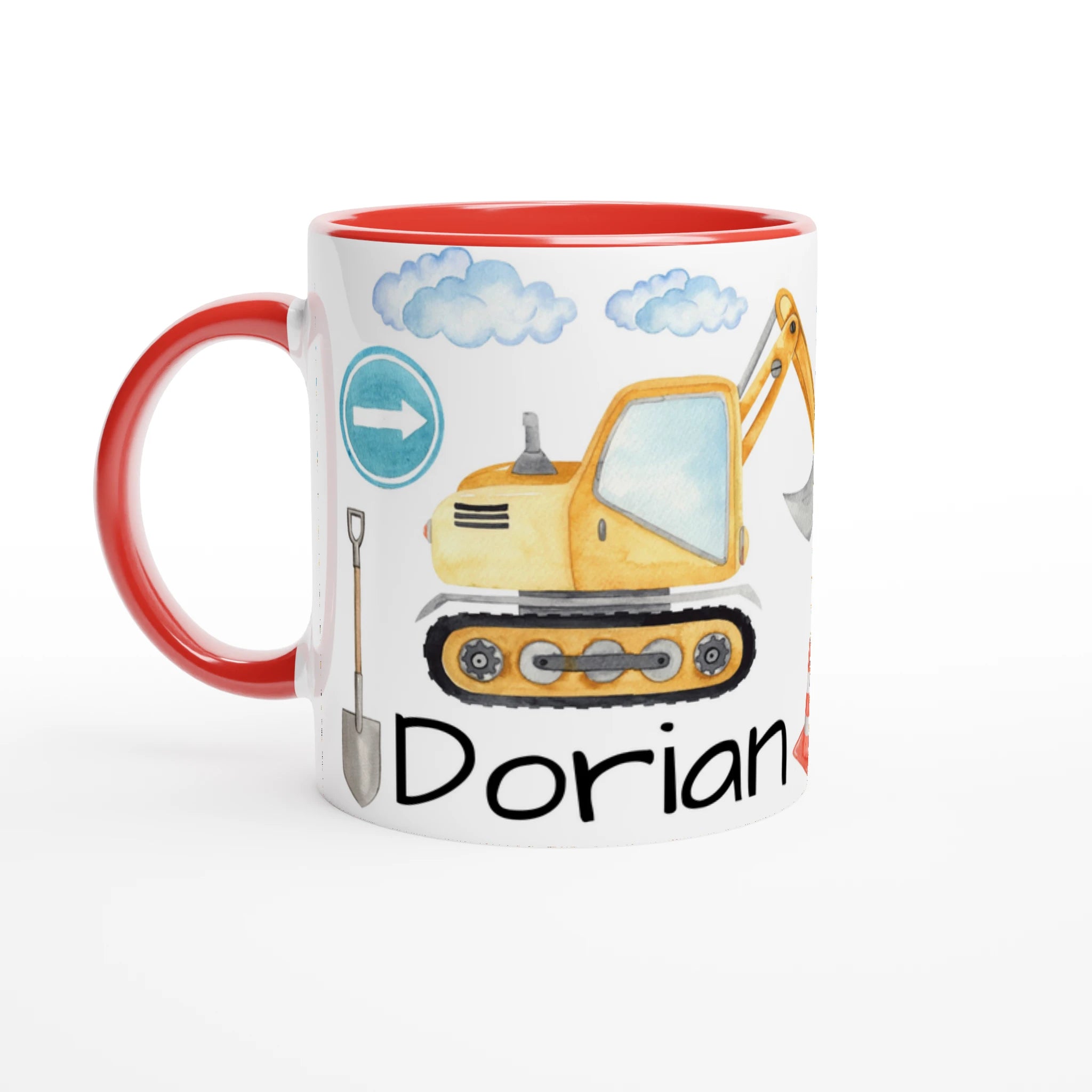 Mug personnalisé avec machines de construction et panneaux routiers, intérieur rouge, idéal pour un cadeau captivant et amusant.