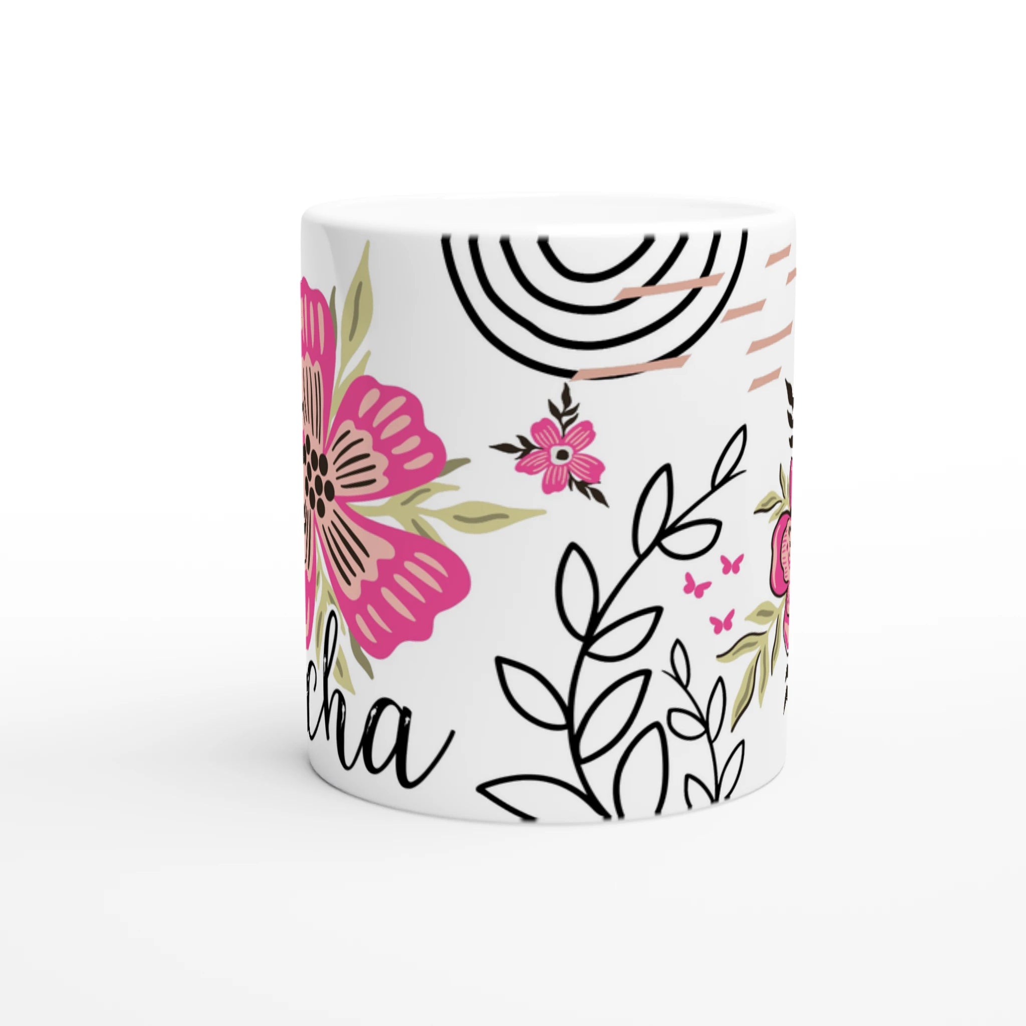 Mug personnalisé tout blanc avec fleurs bohèmes et motifs graphiques, idéal pour un cadeau élégant et moderne.