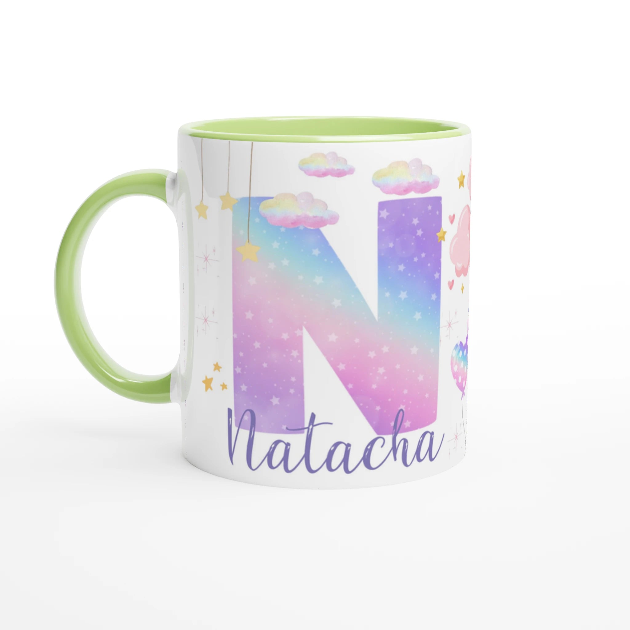 Tasse personnalisée avec licorne et paillettes féeriques, intérieur vert, un cadeau enchanteur et unique.