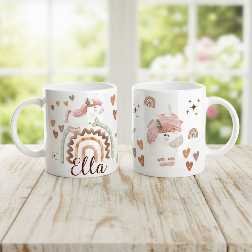 Mug personnalisé enfant licorne avec motif arc-en-ciel vu de face et de dos