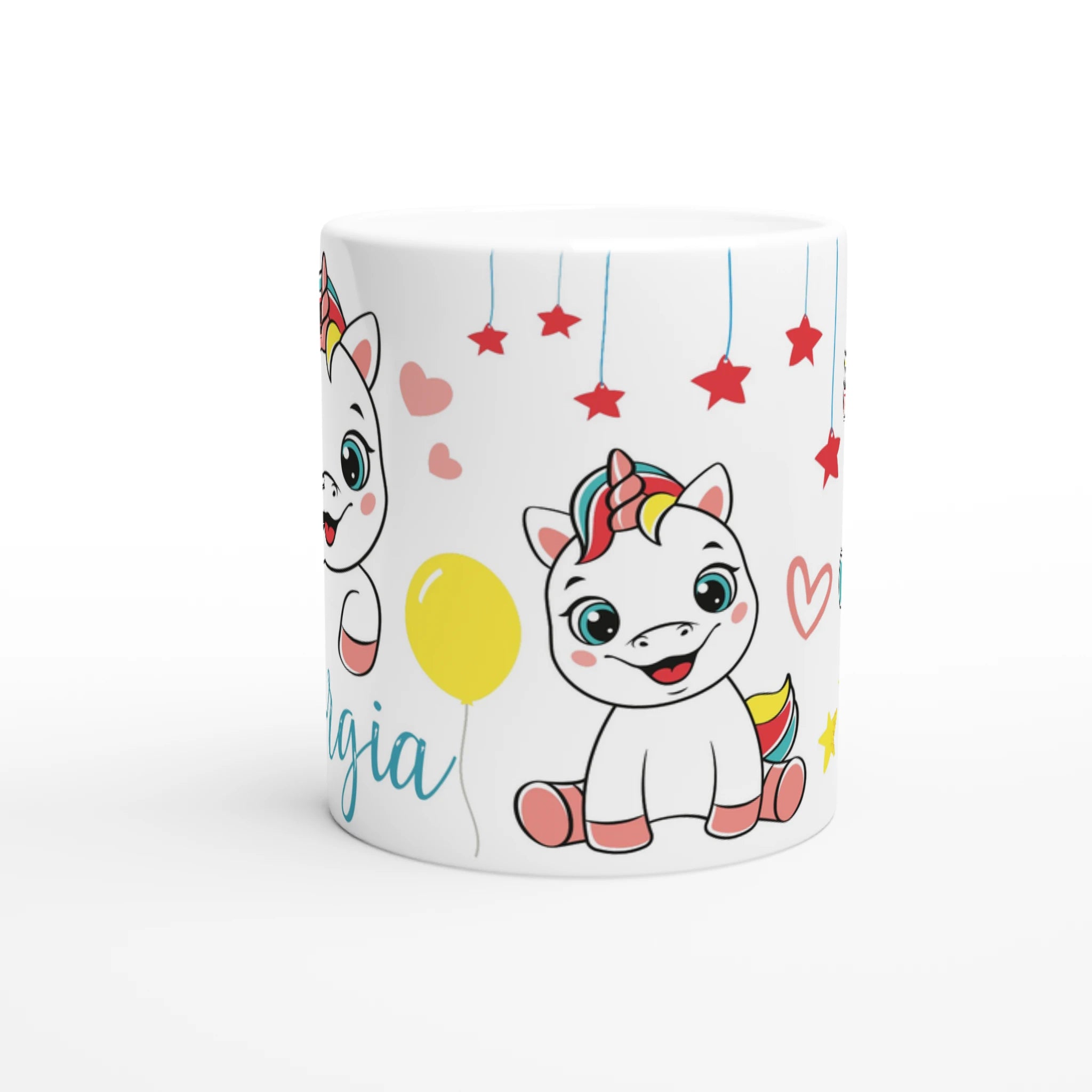 Mug personnalisé tout blanc avec licorne joyeuse et ballons colorés, idéal pour un cadeau enfant féerique et original.
