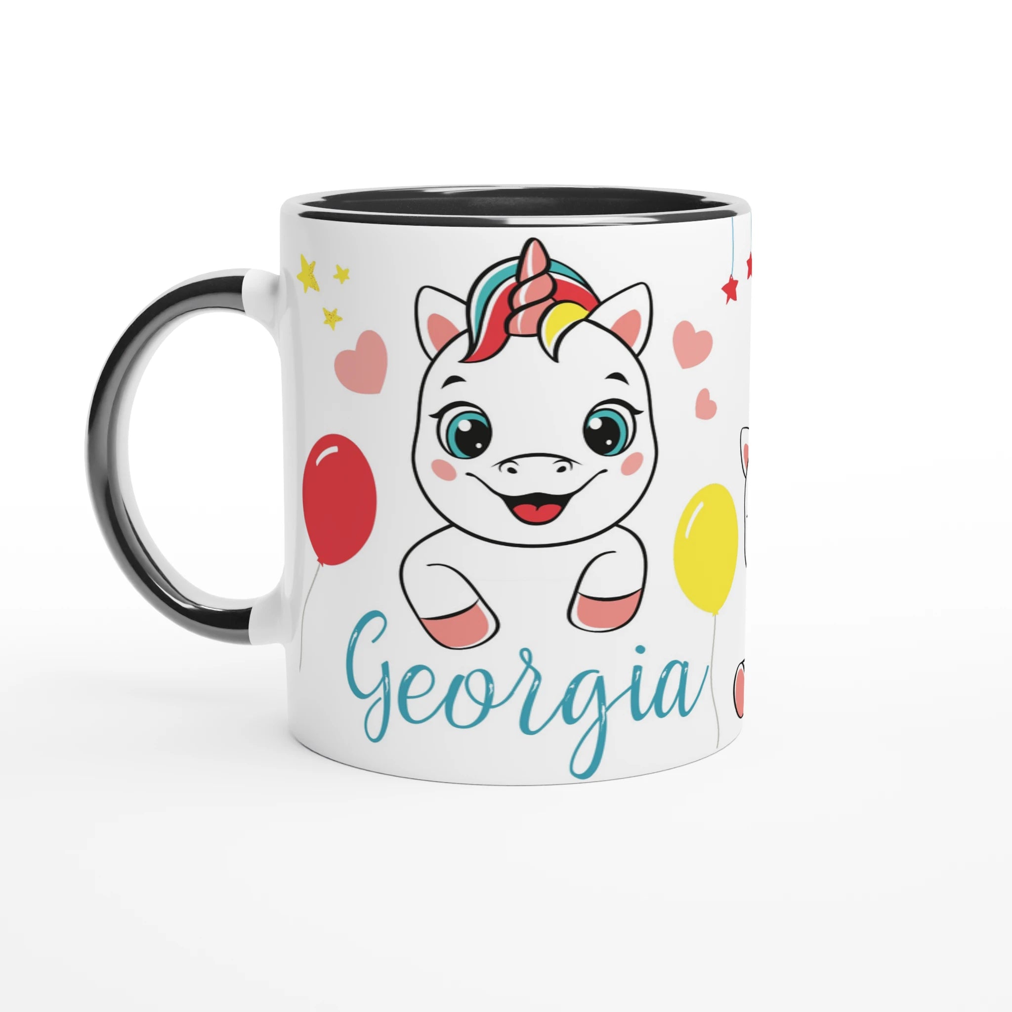 Mug personnalisé avec licorne et ballons colorés, intérieur noir, pour une touche élégante et féerique.