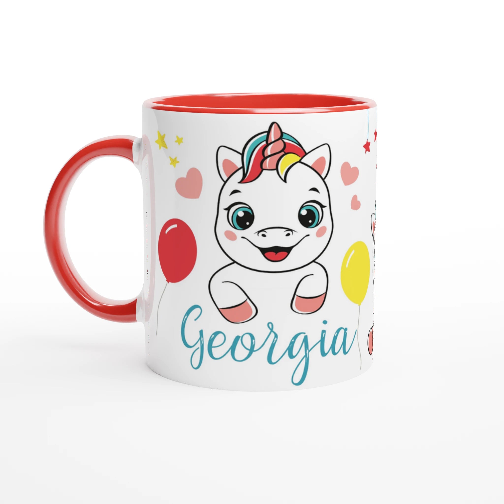 Mug personnalisé avec licorne et étoiles rouges, intérieur rouge, parfait pour un cadeau féerique et dynamique.