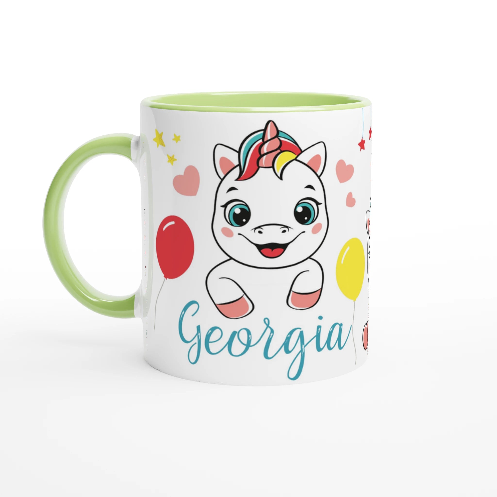 Tasse personnalisée avec licorne et ballons en forme de cœur, intérieur vert, un cadeau original et enchanteur.