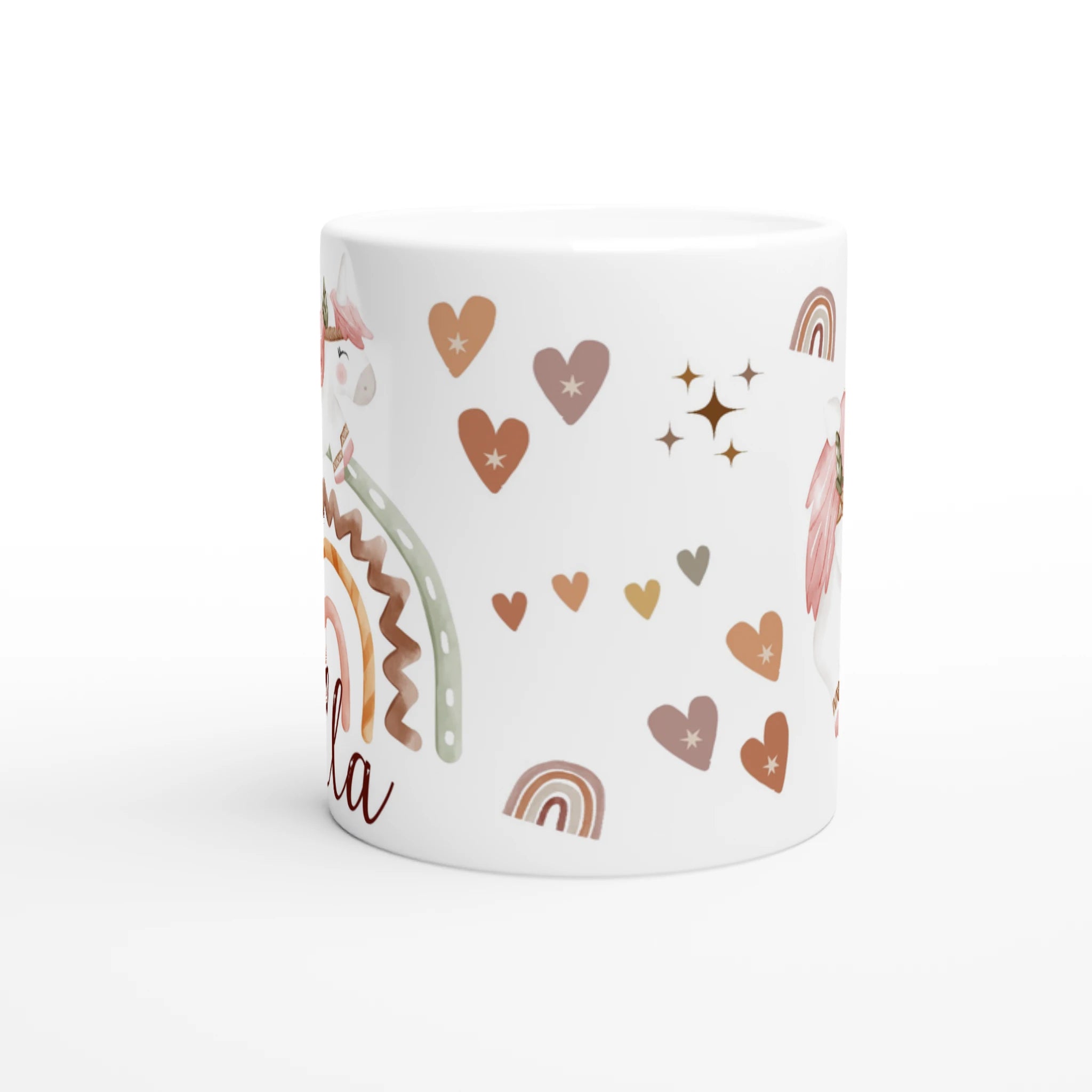 Mug personnalisé tout blanc avec licorne bohème et arc-en-ciel pastel, idéal pour un cadeau doux et féerique.