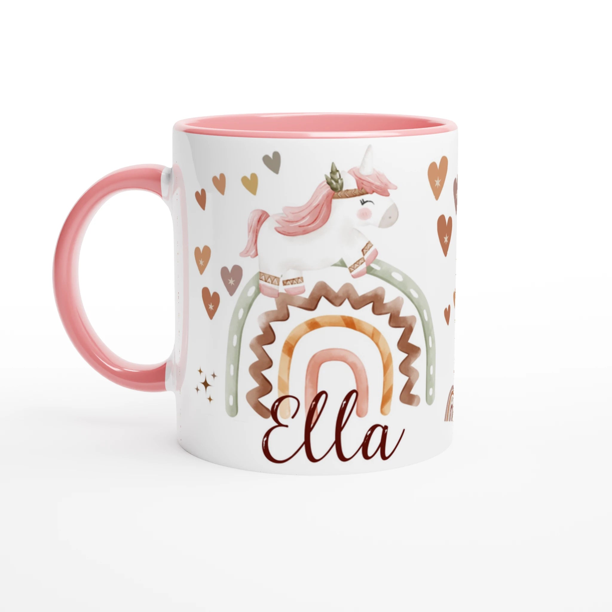 Tasse personnalisée avec licorne et arc-en-ciel beige et rose, intérieur rose, idéale pour un cadeau tendre et magique.
