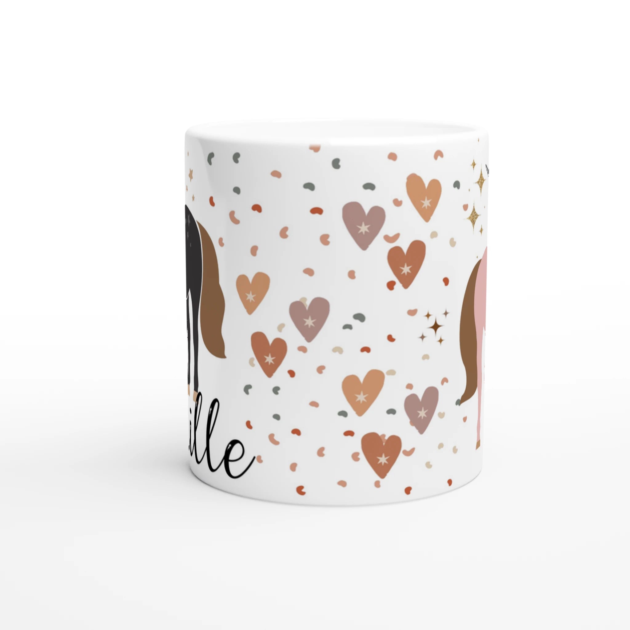 Mug personnalisé tout blanc avec licorne bohème et étoiles scintillantes, idéal pour un cadeau féerique et élégant.