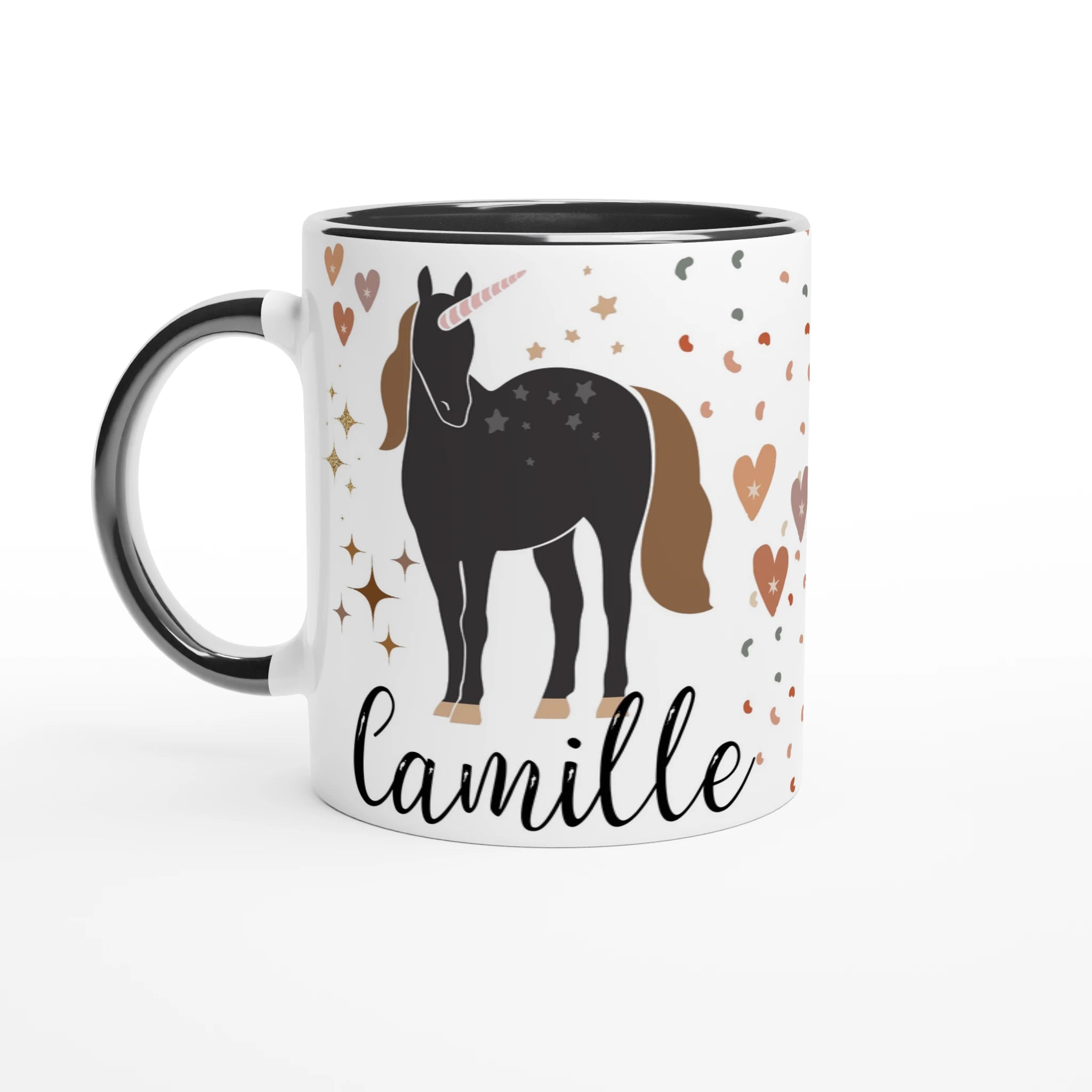 Mug personnalisé avec licorne étoilée et cœur doré, intérieur noir, pour une touche chic et mystique