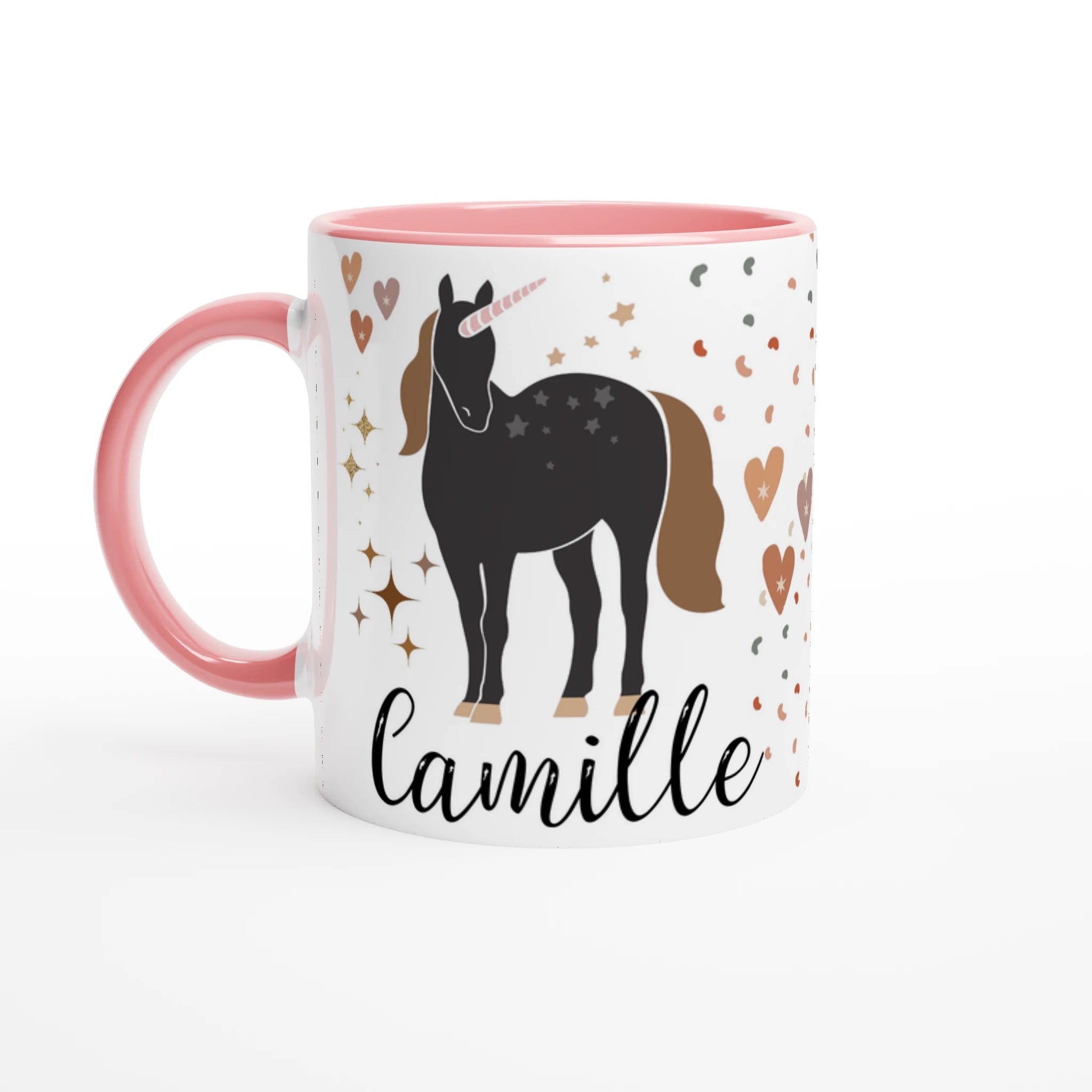Tasse personnalisée avec licorne rose et détails dorés, intérieur rose, idéale pour un cadeau tendre et magique.