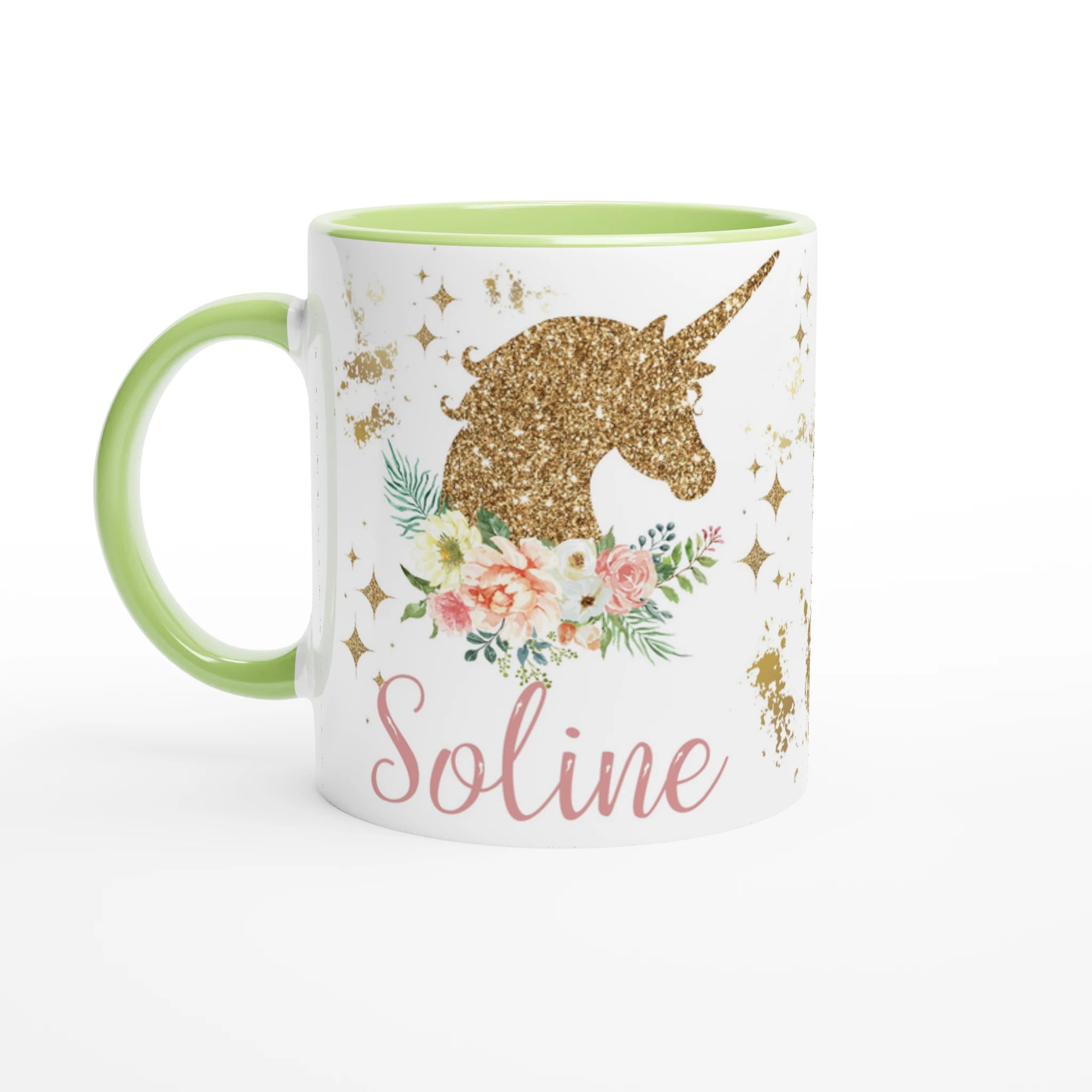Tasse personnalisée avec licorne et feuillage bohème, intérieur vert, un cadeau enchanteur et naturel.
