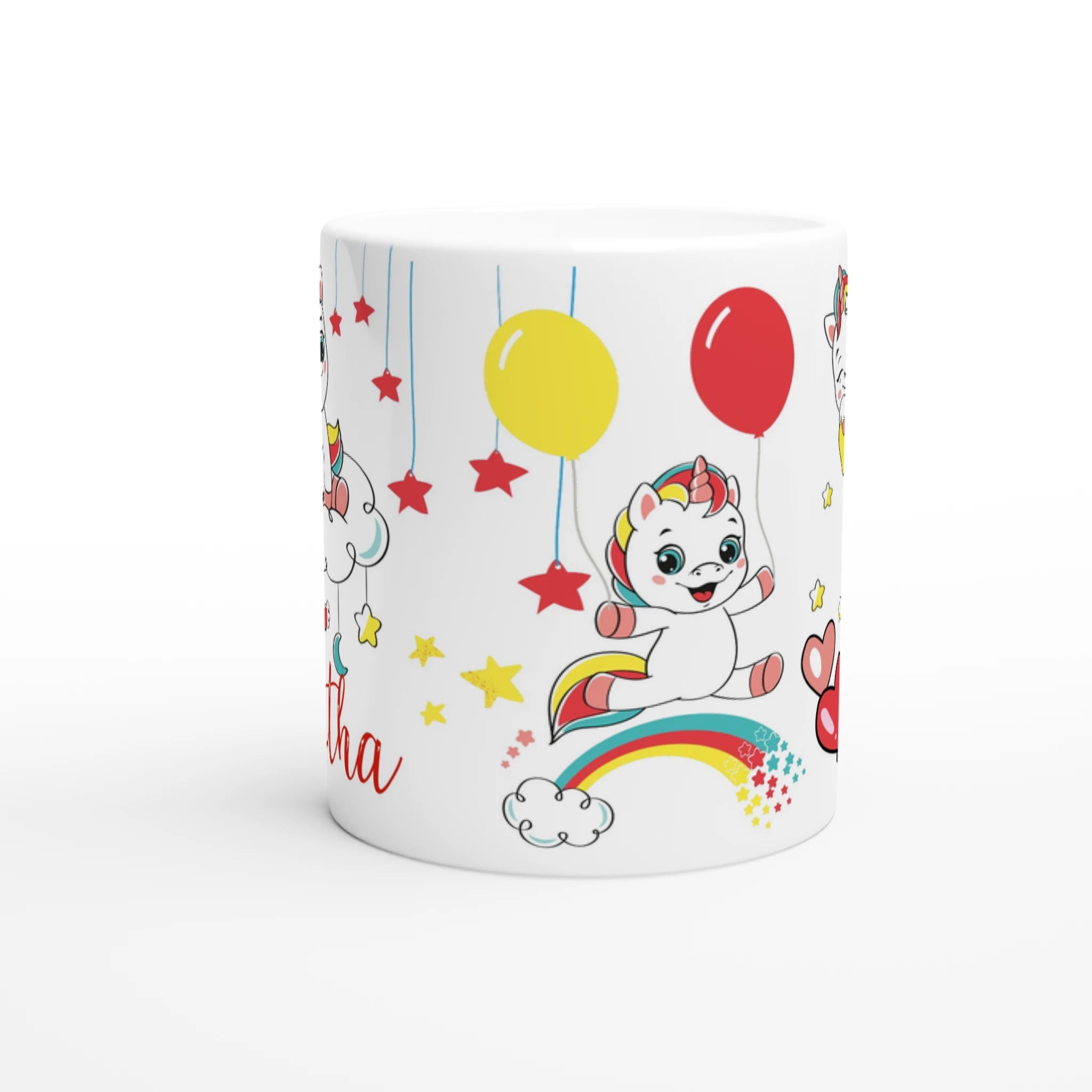 Mug personnalisé tout blanc avec licorne assise sur un nuage et étoile magique, idéal pour un cadeau féerique et original.
