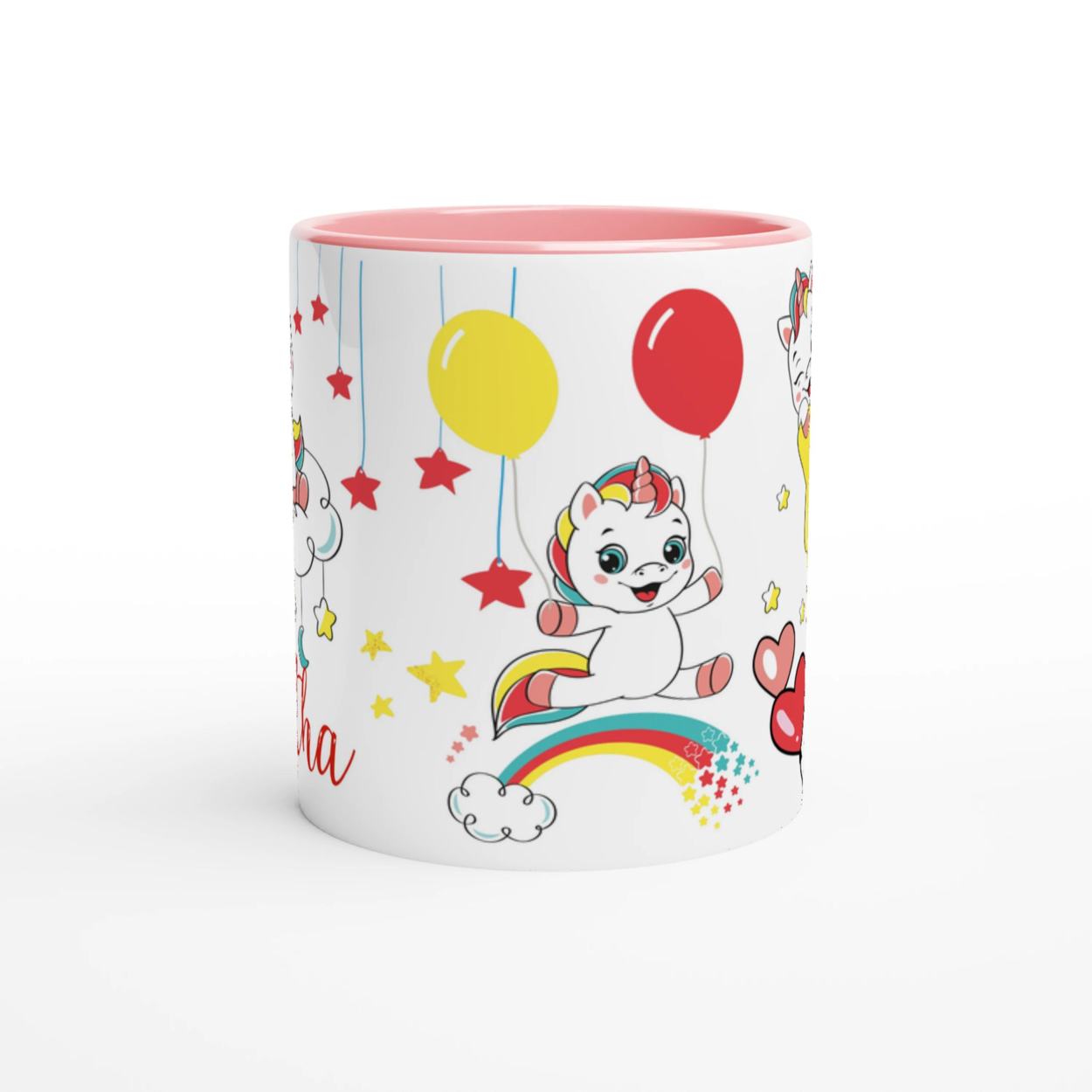 Tasse personnalisée avec licorne et ballons en forme de cœur, intérieur rose, idéale pour un cadeau magique et tendre.