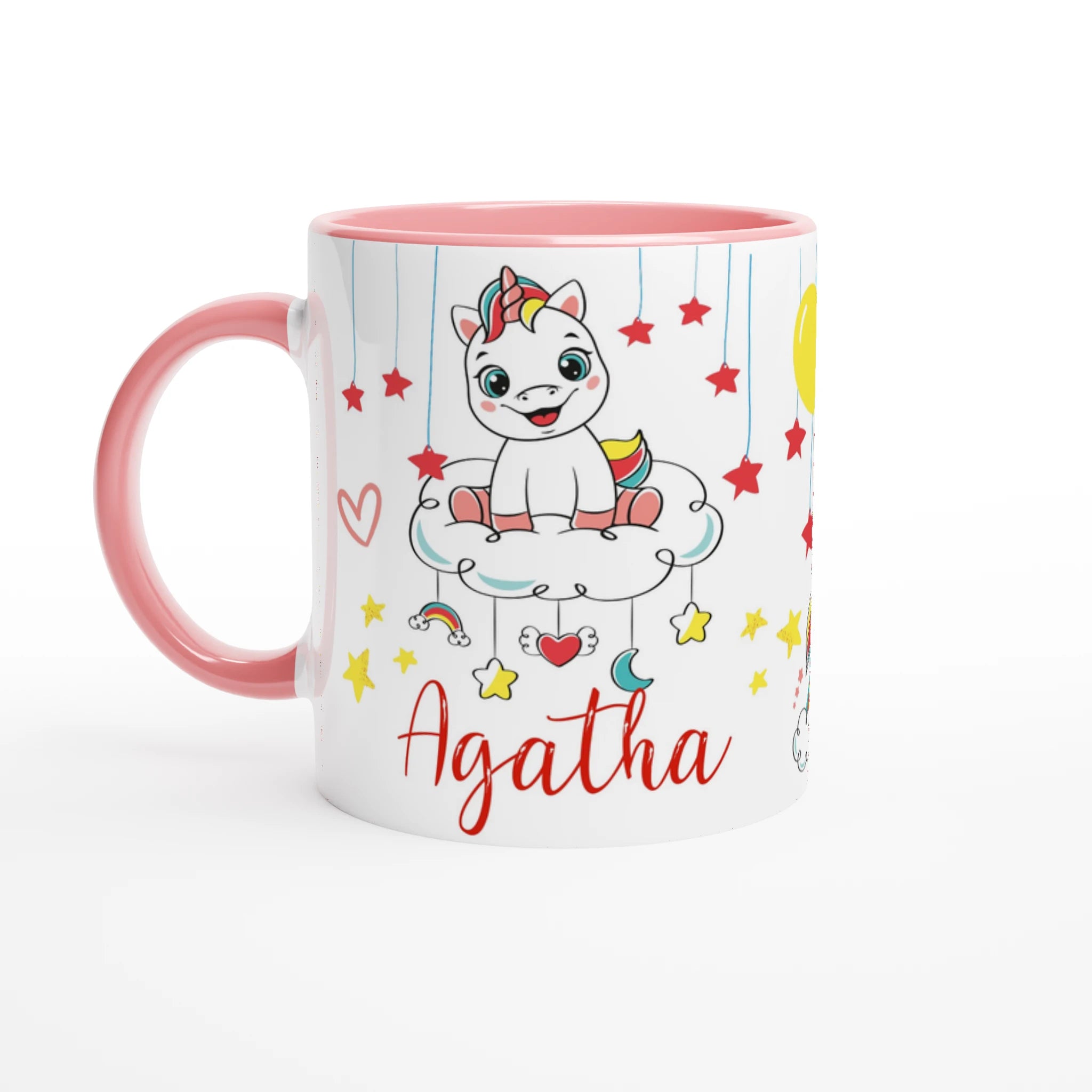 Tasse personnalisée avec licorne et ballons en forme de cœur, intérieur rose, idéale pour un cadeau magique et tendre.