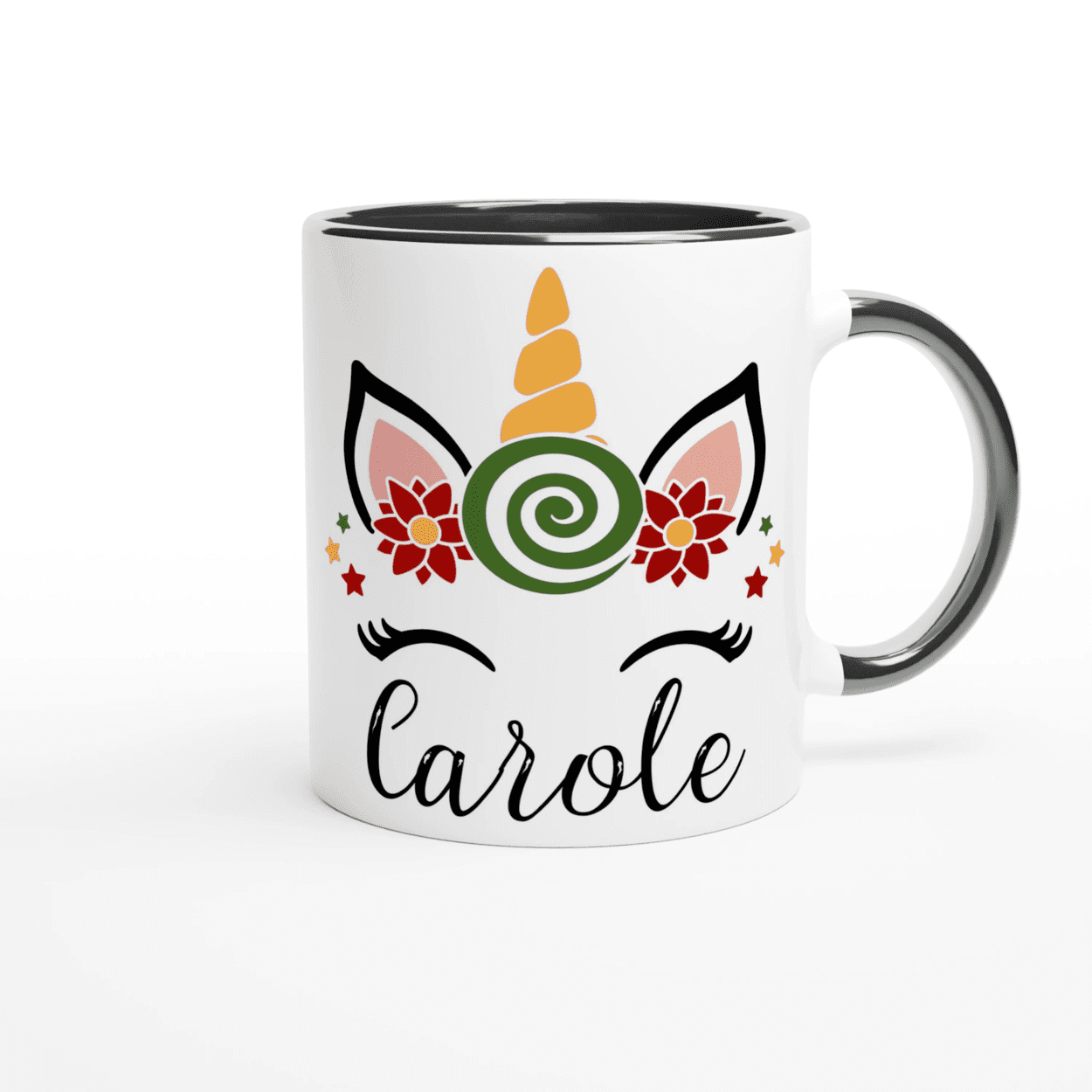 Mug blanc avec motif licorne festive et bonbon spiralé, anse noire et intérieur noir.