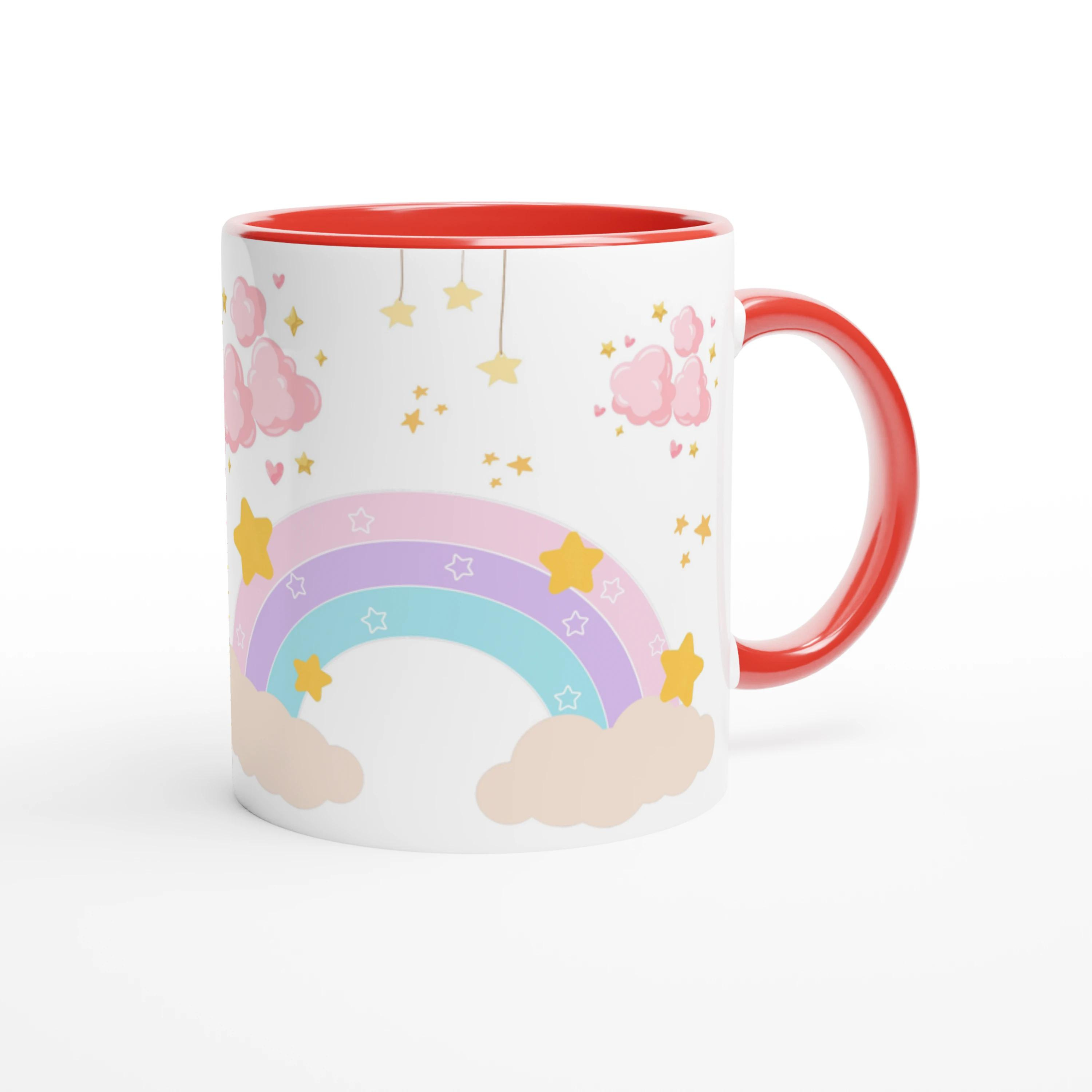 Mug personnalisé avec licorne et arc-en-ciel étoilé, intérieur rouge, parfait pour un cadeau féerique et dynamique.
