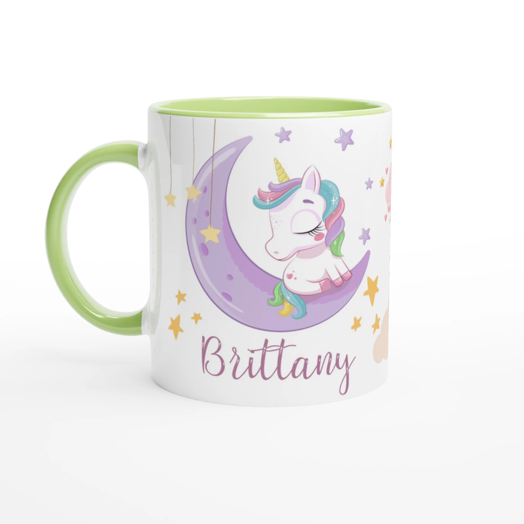 Mug personnalisé avec licorne et arc-en-ciel étoilé, intérieur vert, parfait pour un cadeau féerique et dynamique.