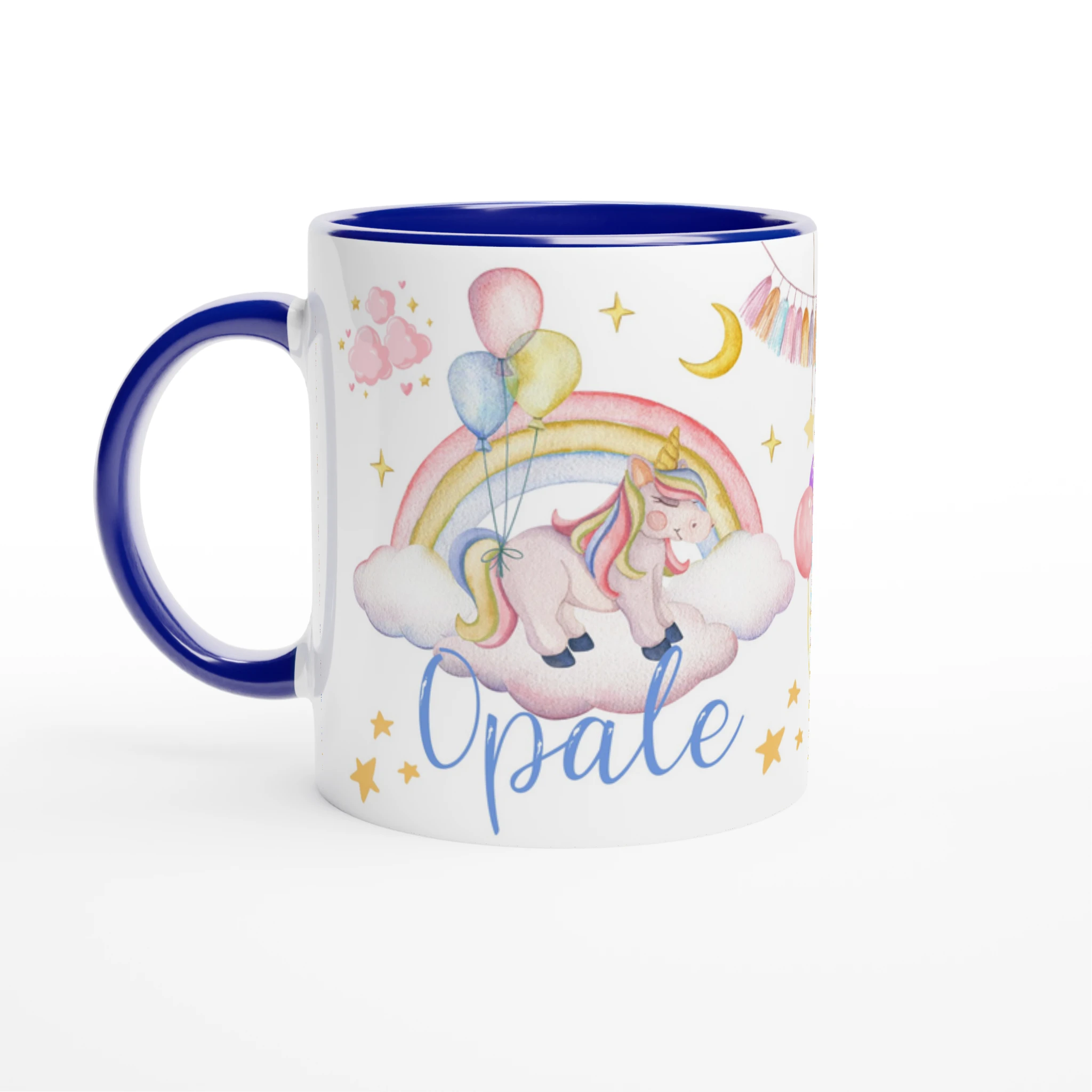 Mug personnalisé avec licorne et ballons flottants, intérieur bleu, parfait pour un cadeau magique et aérien.