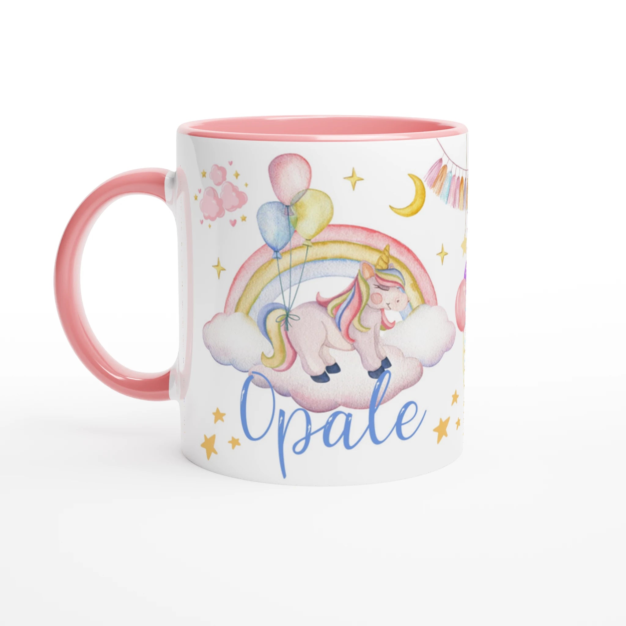 Tasse personnalisée avec licorne volante et montgolfière rose, intérieur rose, idéale pour un cadeau tendre et féerique.