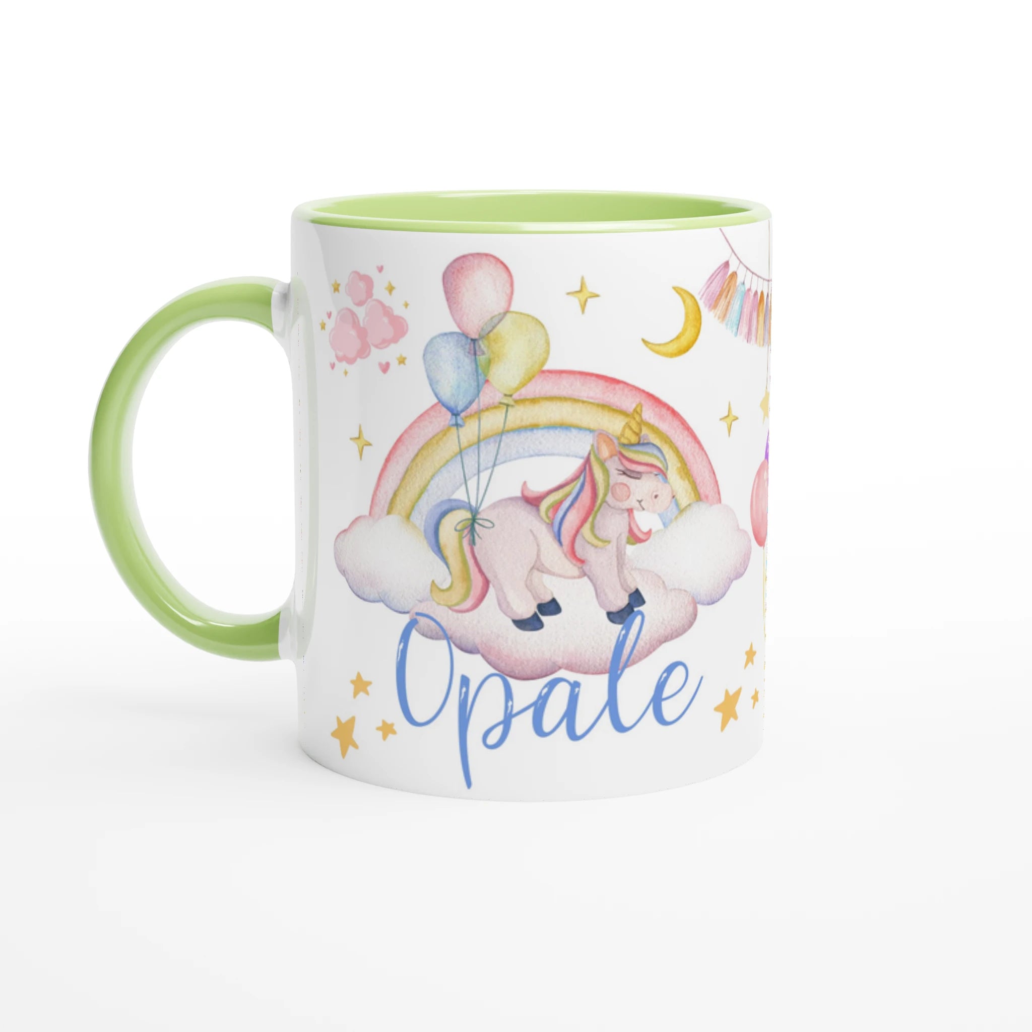 Tasse personnalisée avec licorne et pluie d’étoiles scintillantes, intérieur vert, un cadeau original et apaisant.