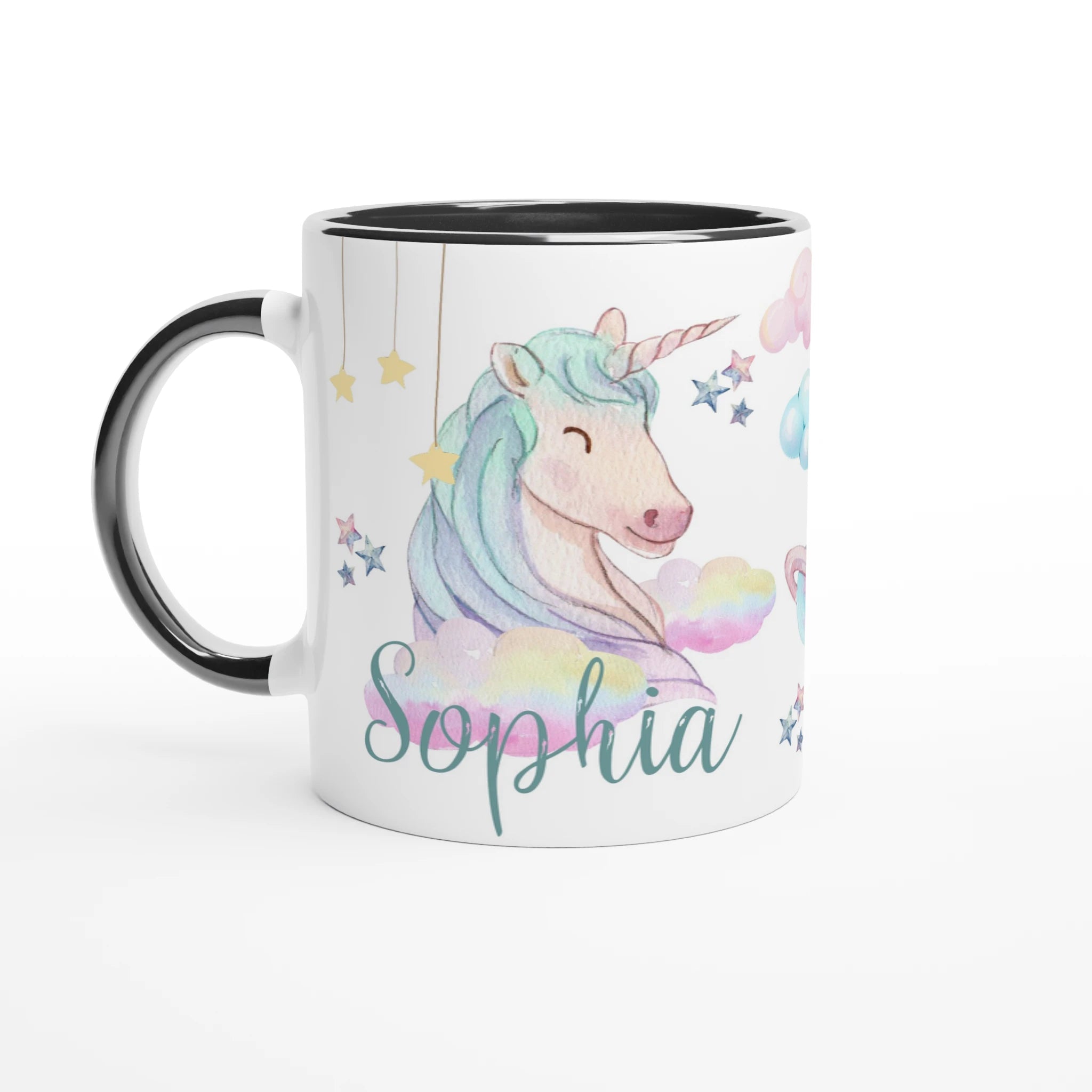 Mug personnalisé avec licorne céleste et décor onirique, intérieur noir, pour une touche élégante et mystique.