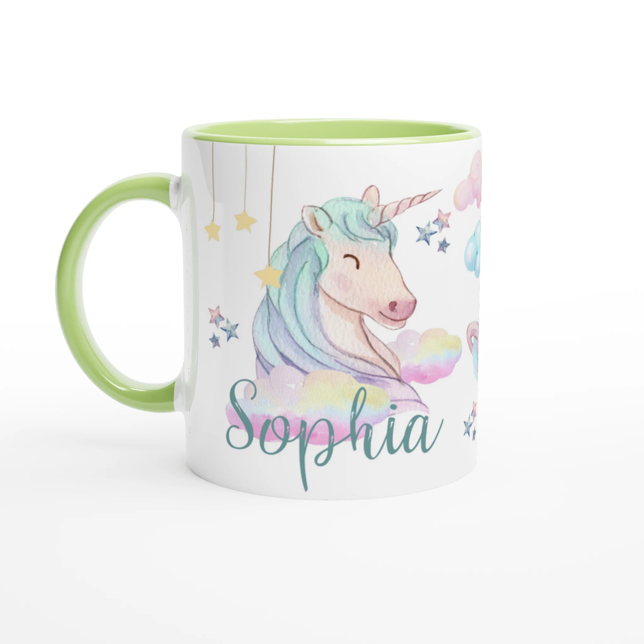 Tasse personnalisée avec licorne et nuages colorés, intérieur vert, un cadeau original et enchanteur.
